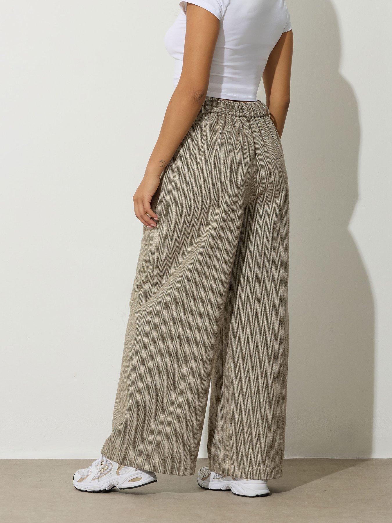 Image 2 of 4 of PixieGirl Petite Herringbone Wide Leg Trousers - Brown