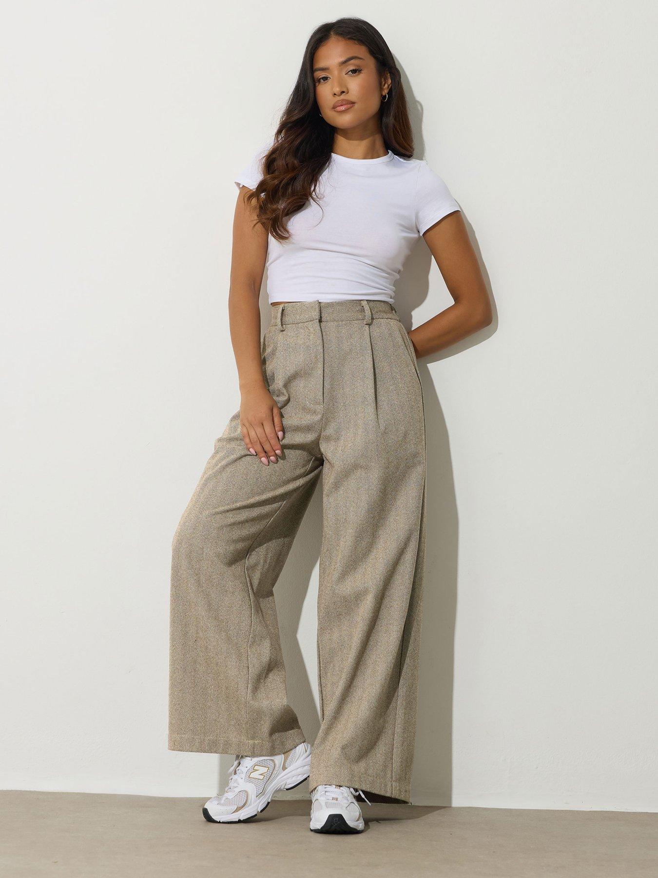 Image 3 of 4 of PixieGirl Petite Herringbone Wide Leg Trousers - Brown