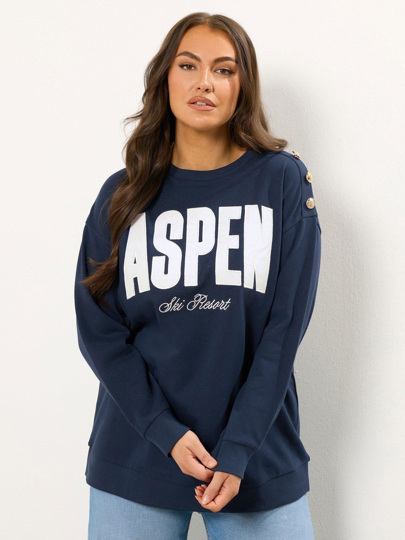 Yours Curve Aspen Button Crew Neck Sweatshirt - Blue