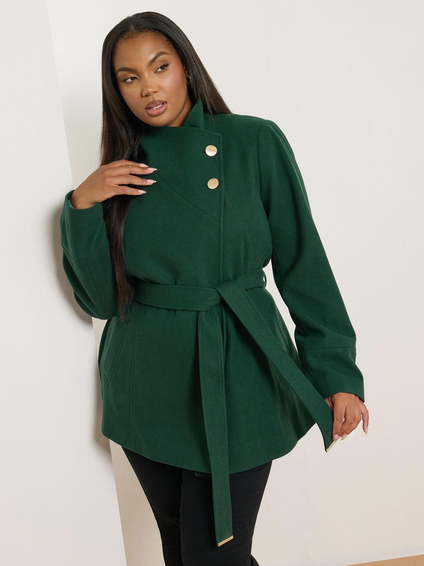 Image 1 of 4 of Yours Curve Wrap Wool Coat - Green