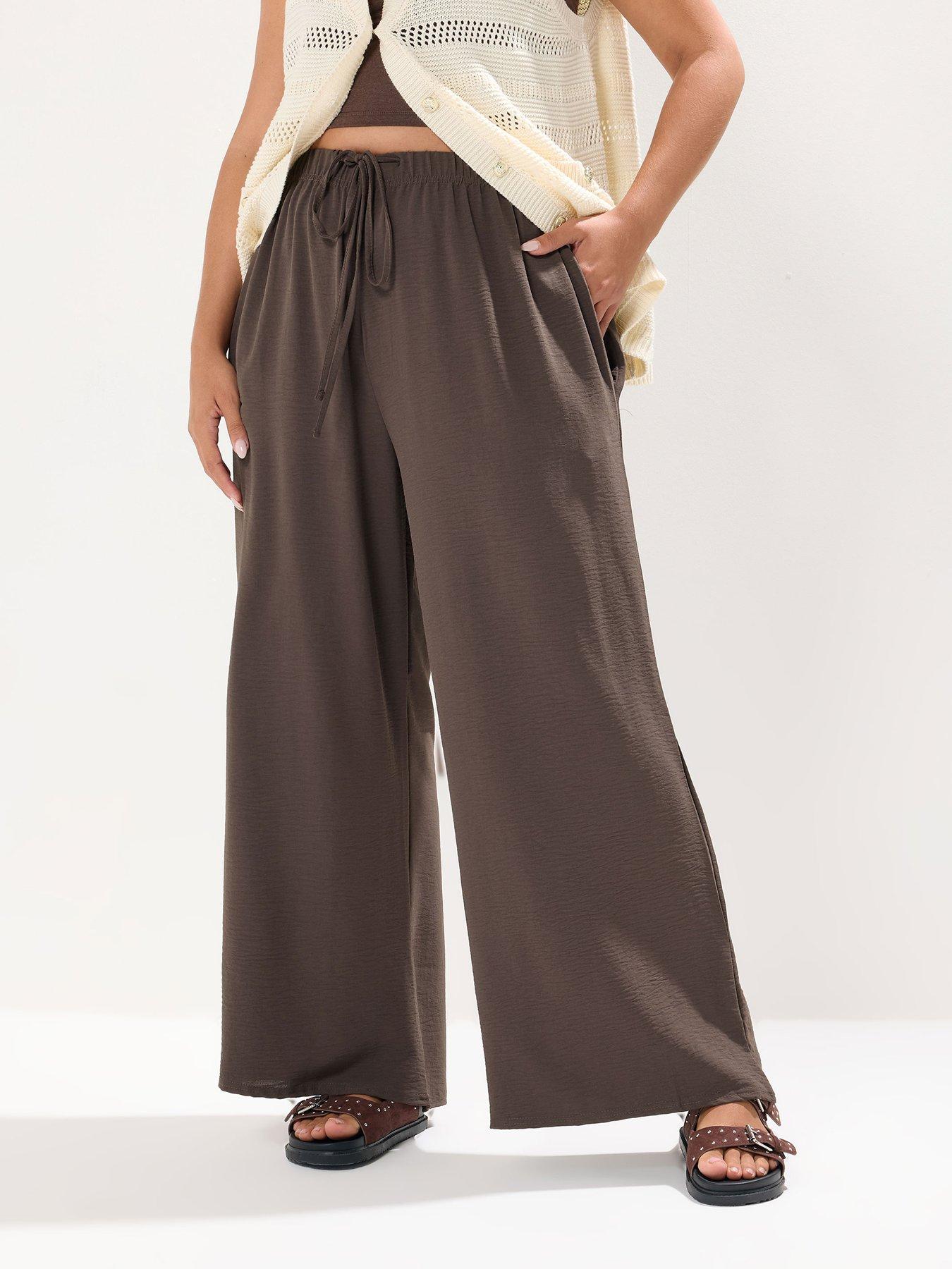 Image 1 of 4 of Yours Curve Washed Twill Wide Leg Trouser - Brown