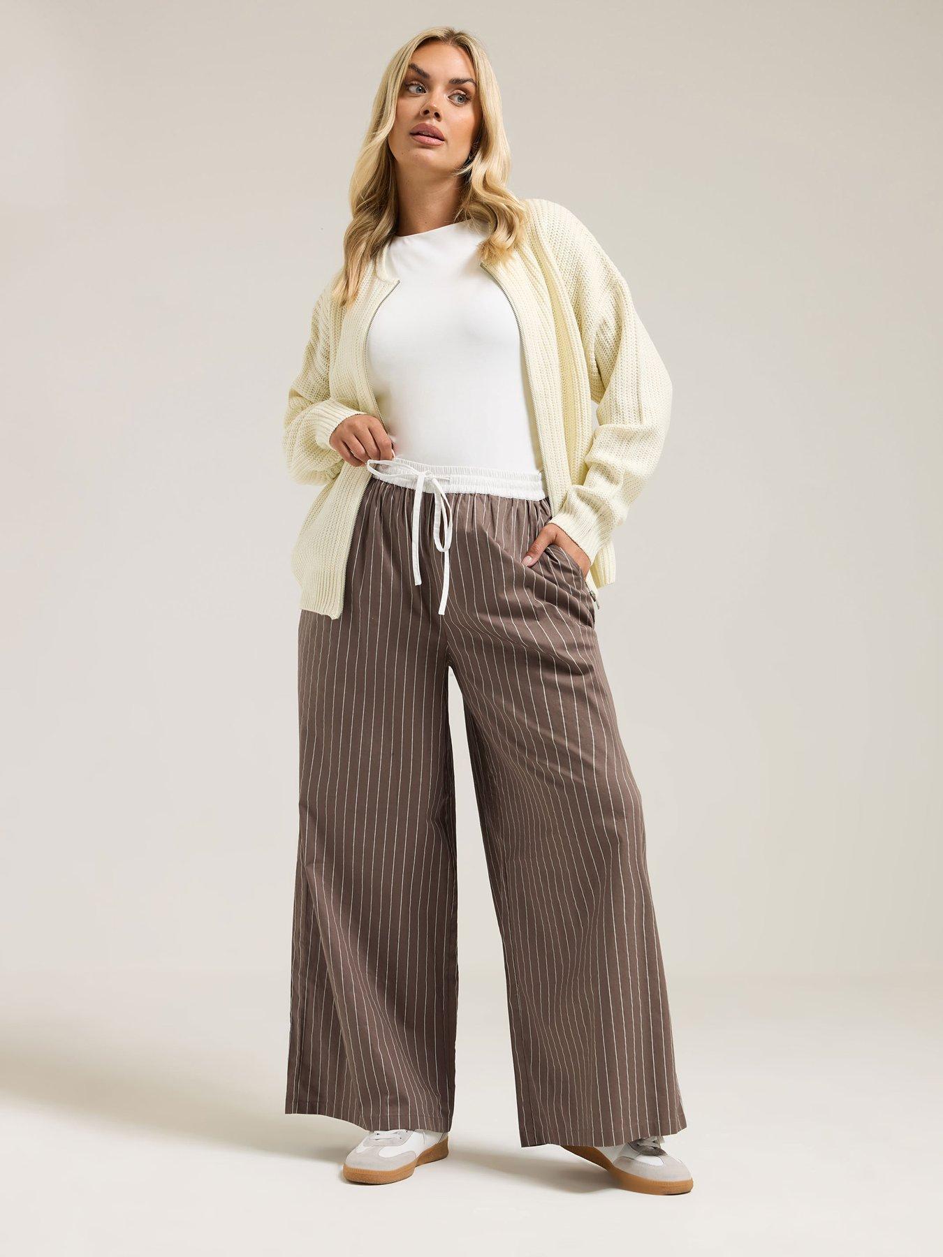 Image 1 of 4 of Yours Curve Contrast Waist Stripe Trousers - Brown