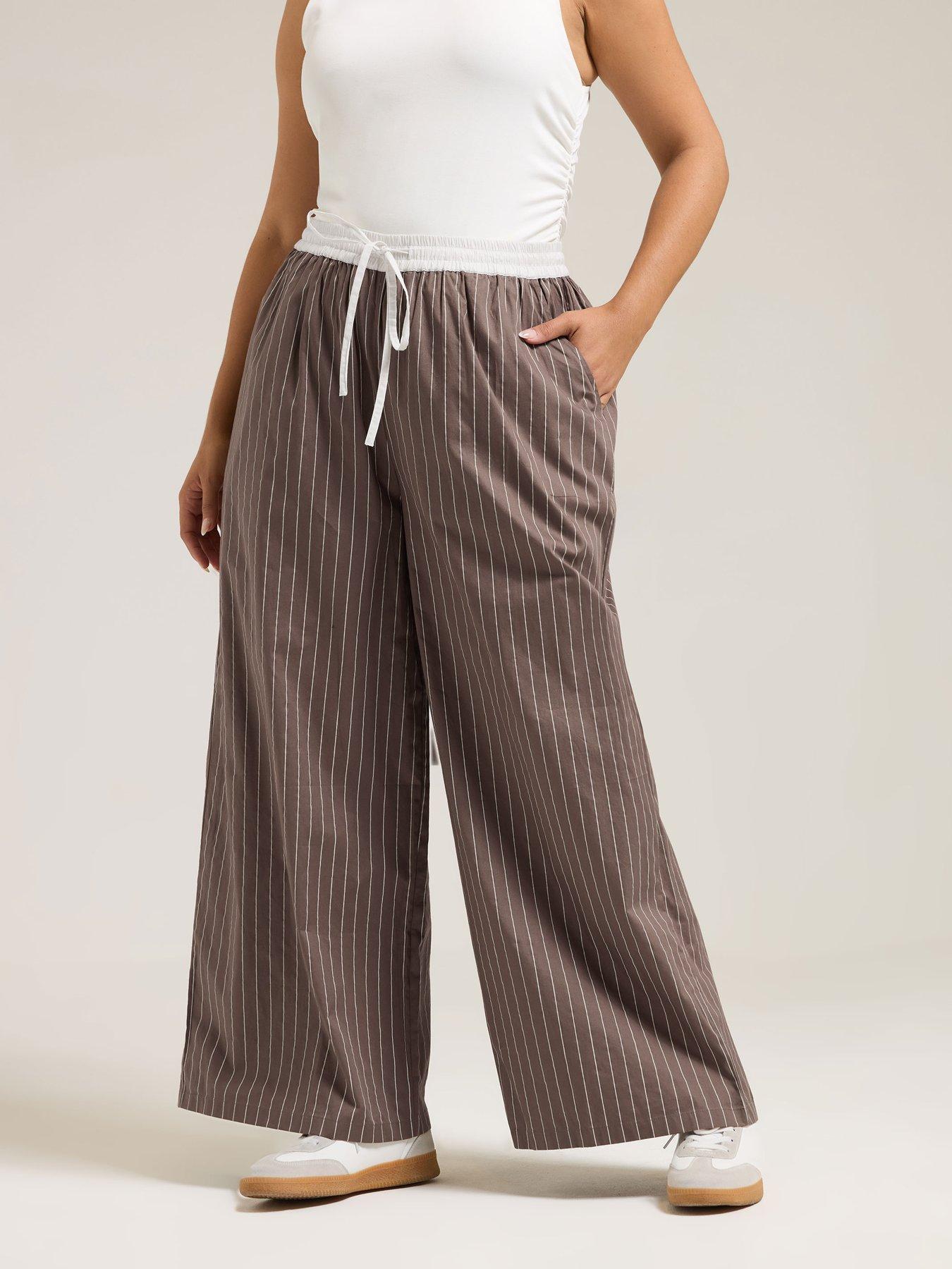 Image 3 of 4 of Yours Curve Contrast Waist Stripe Trousers - Brown