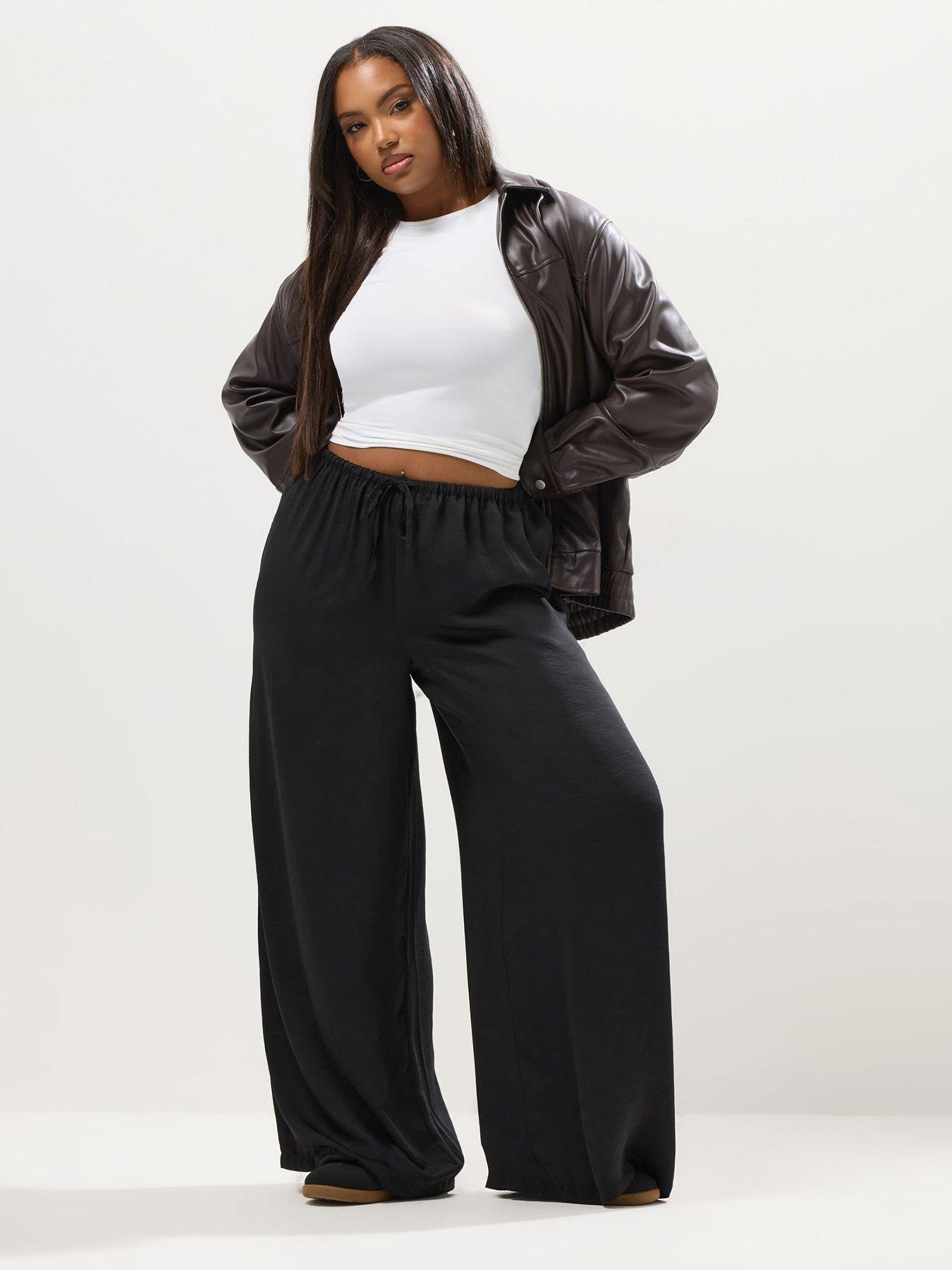 undefined Curve Satin Wide Leg Pull On Trouser - Black