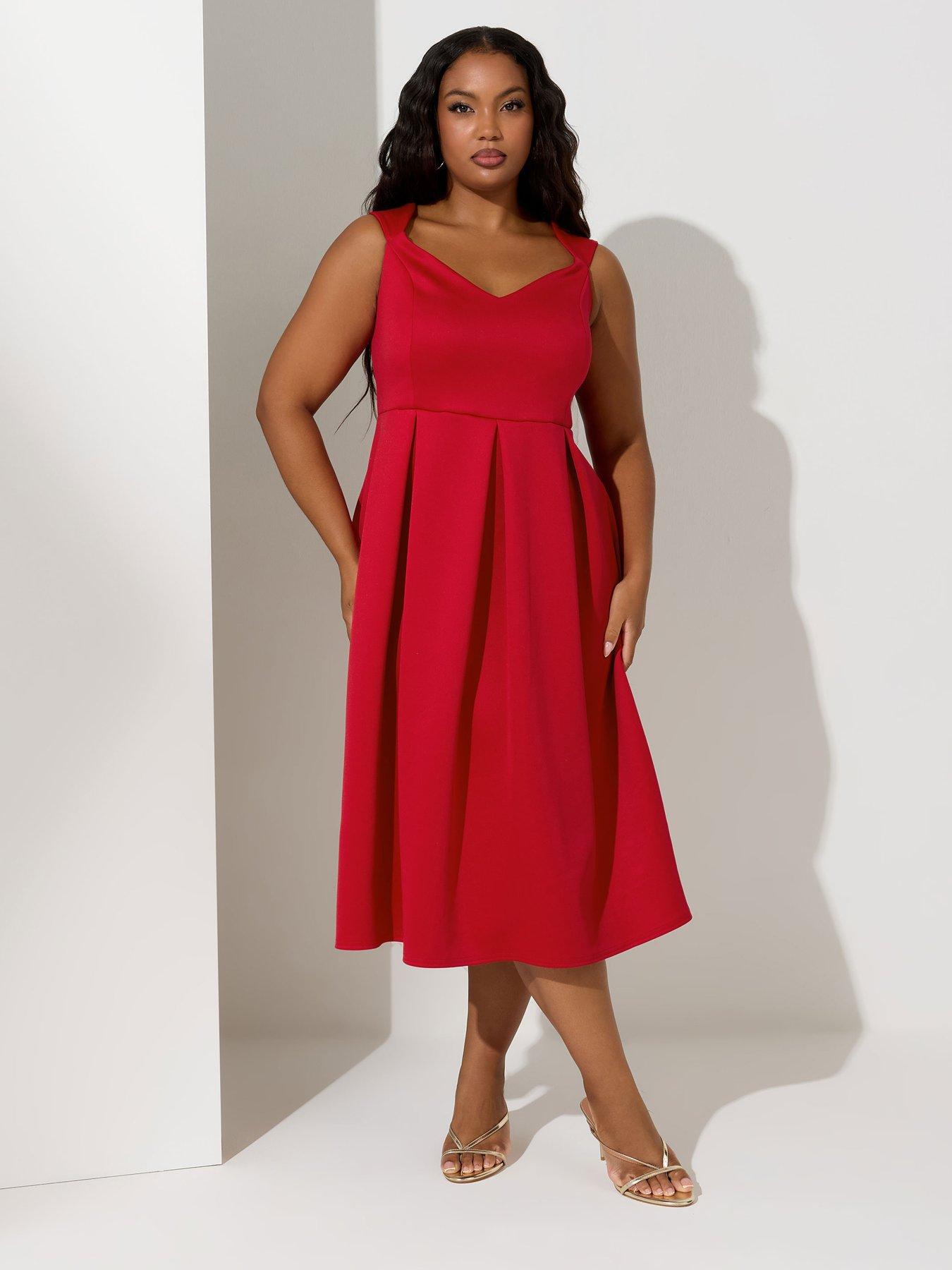 undefined Curve Sweetheart Neck Scuba Skater Dress - Red