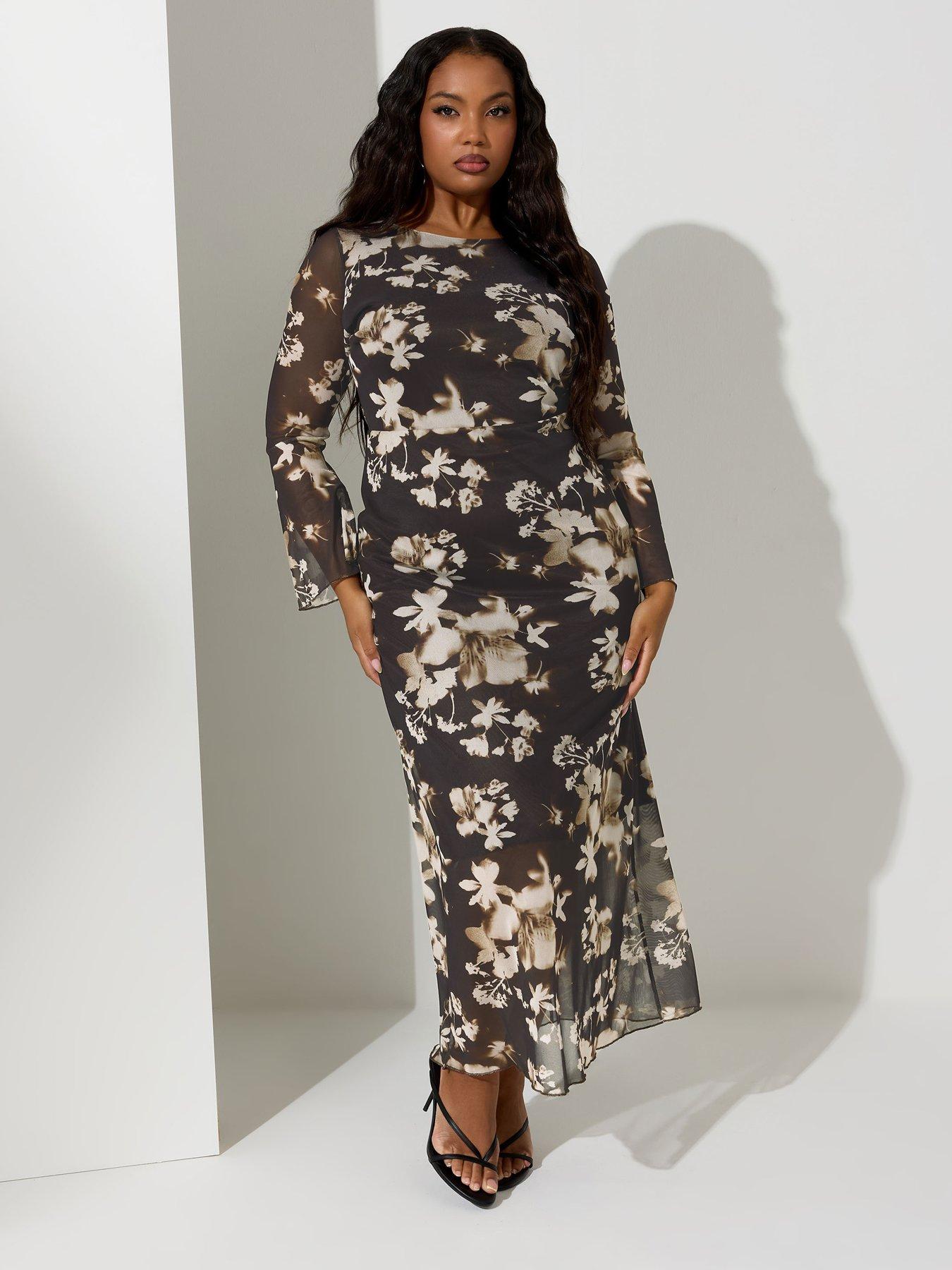Image 3 of 4 of Yours Curve Floral Mesh Maxi Dress - Brown