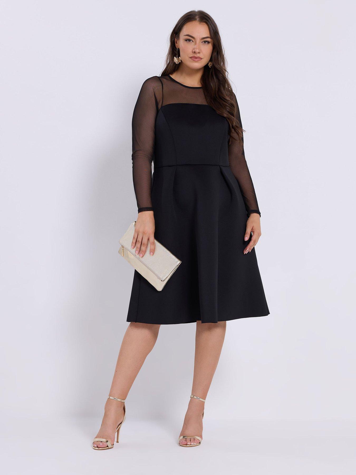 Image 1 of 4 of Yours Curve Mesh Sleeve Scuba Skater Dress - Black