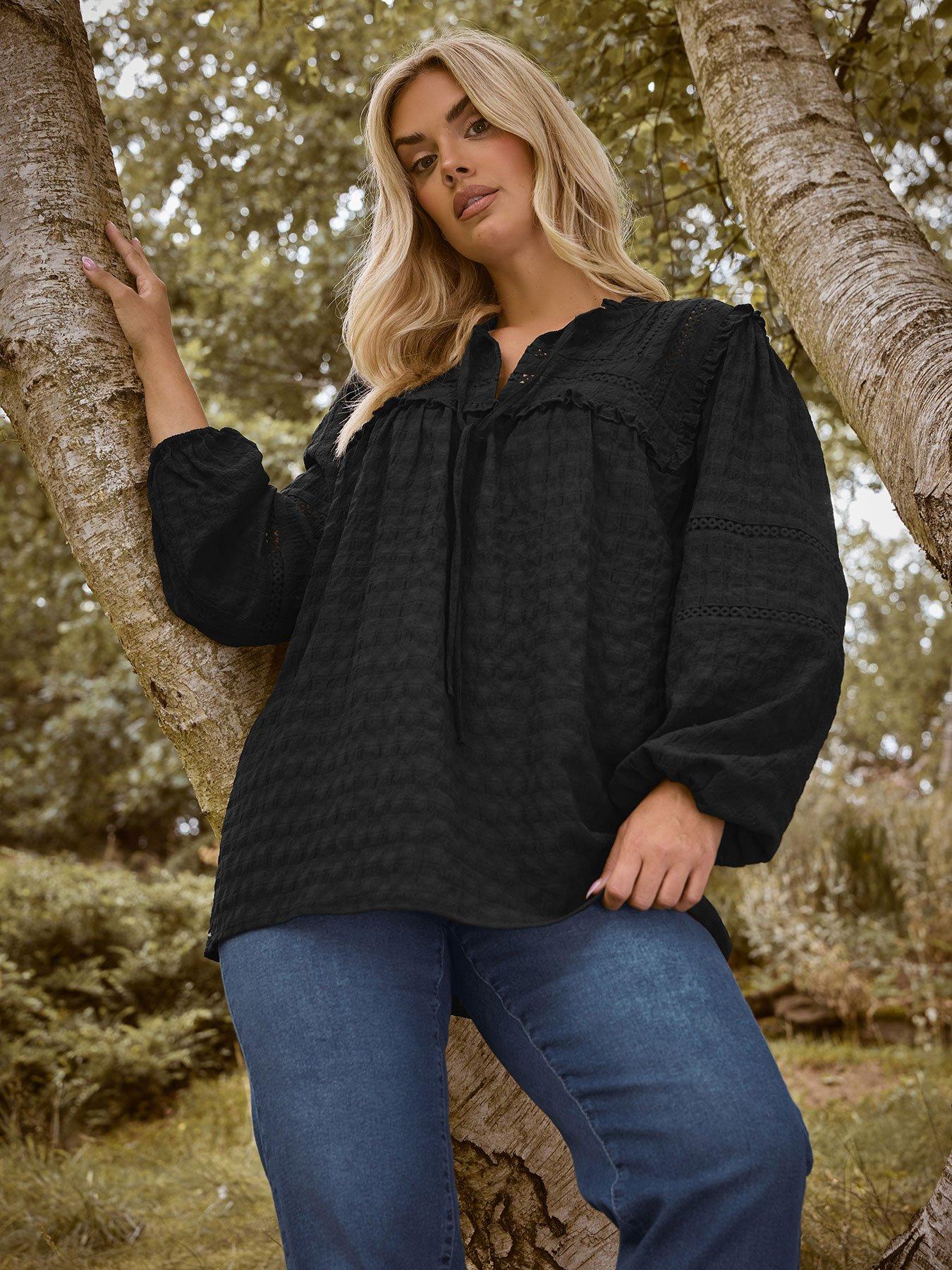Image 1 of 4 of Yours Curve Tie Neck Long Sleeve Blouse - Black