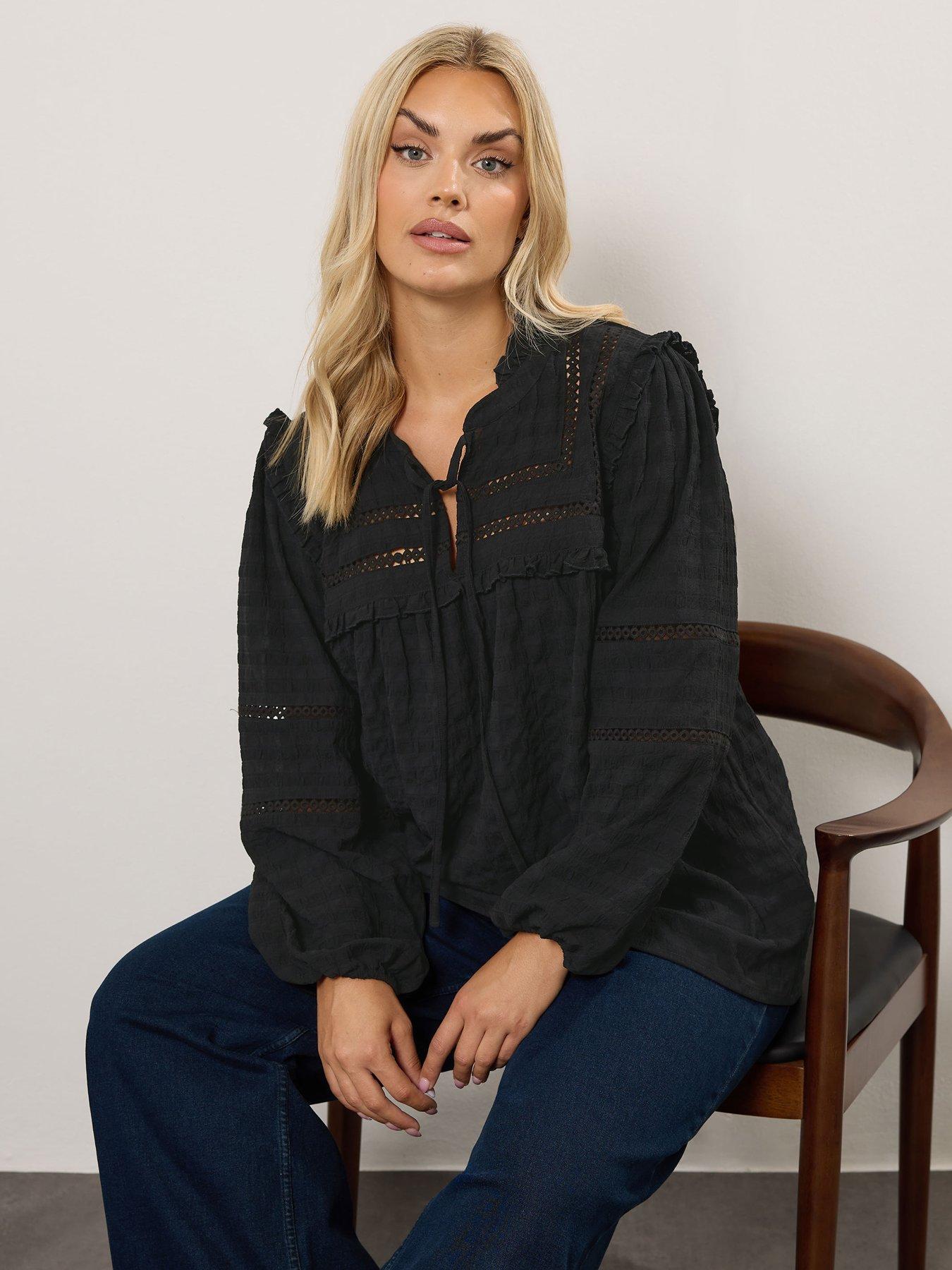 Image 4 of 4 of Yours Curve Tie Neck Long Sleeve Blouse - Black