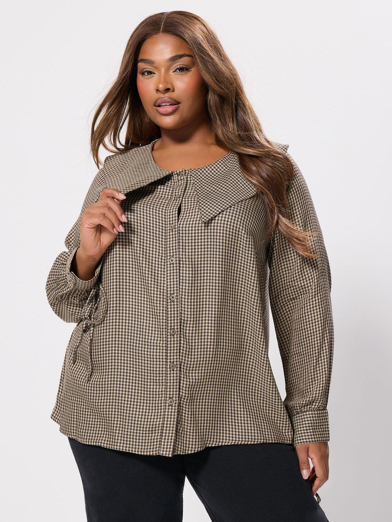 undefined Curve Collar Check Blouse - Natural