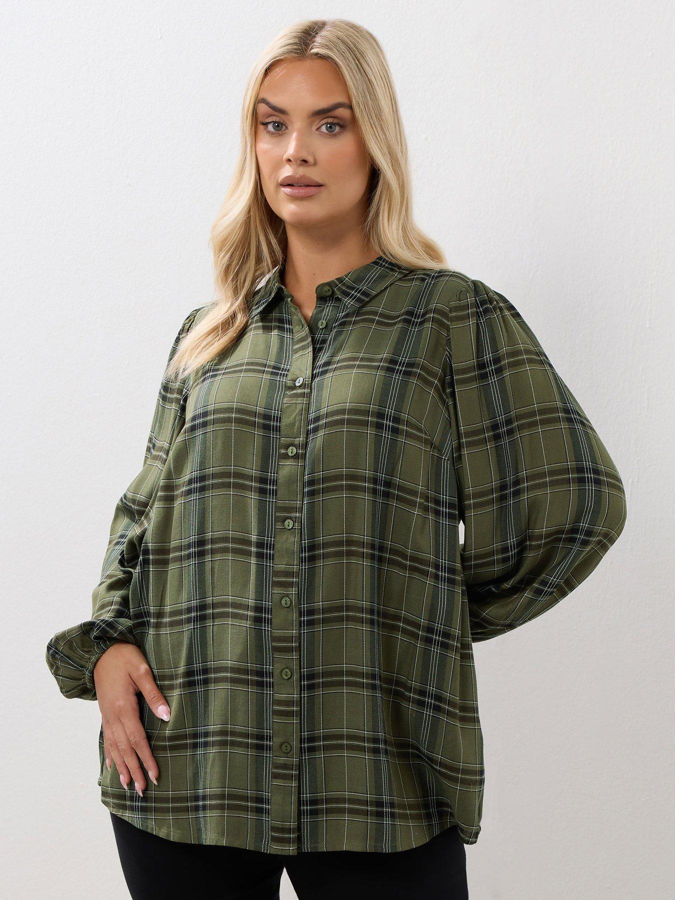 undefined Curve Balloon Sleeve Check Blouse - Green