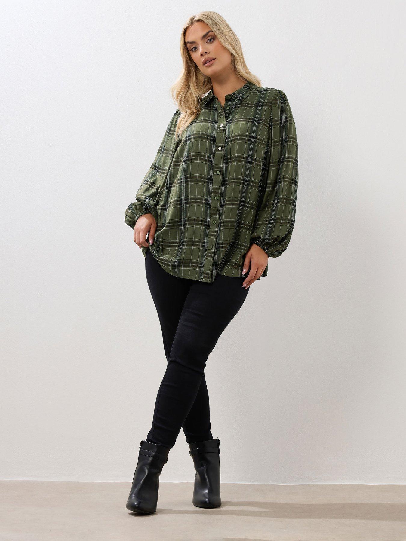 Image 3 of 4 of Yours Curve Balloon Sleeve Check Blouse - Green