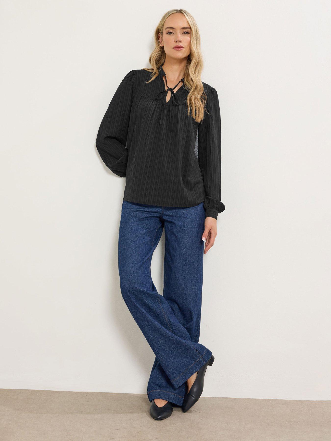 undefined Textured Tie Neck Top - Black