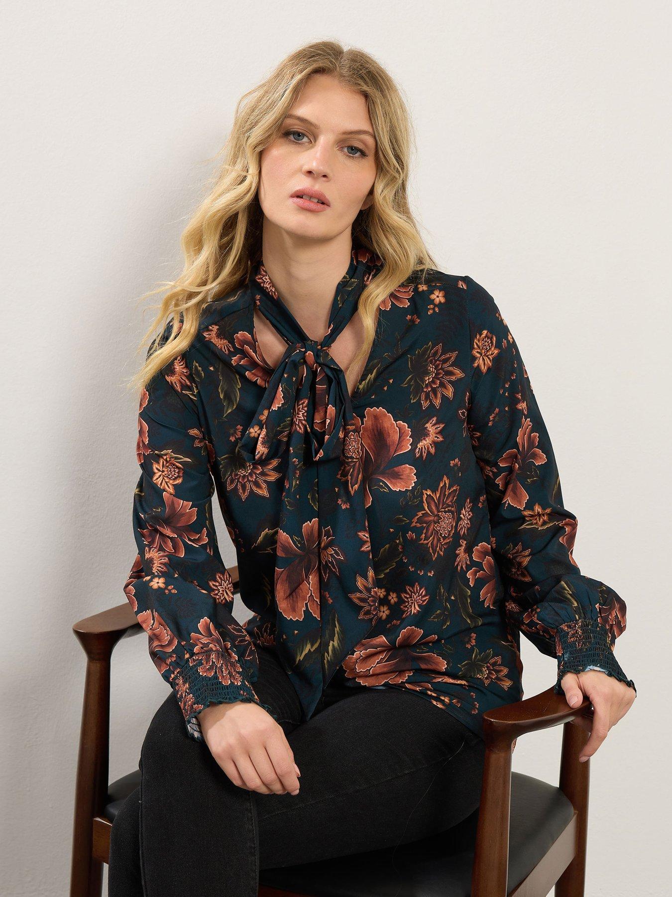 undefined Floral Tie Neck Top - Blue