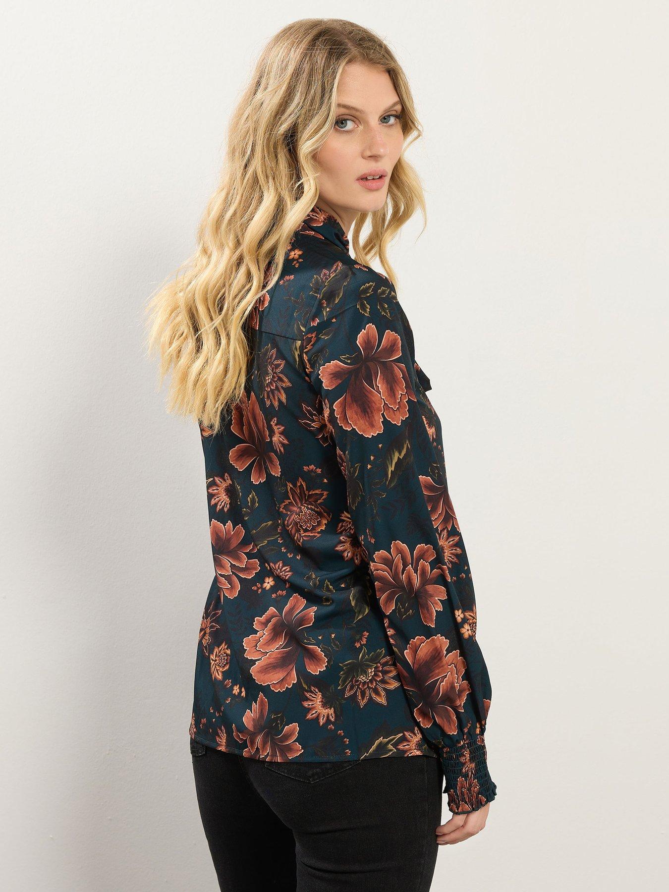  image of long-tall-sally-floral-tie-neck-top-blue
