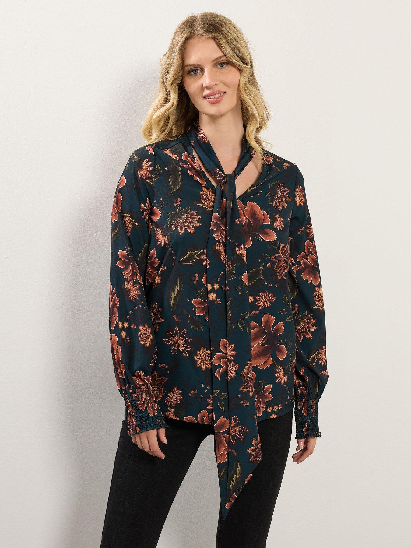  image of long-tall-sally-floral-tie-neck-top-blue