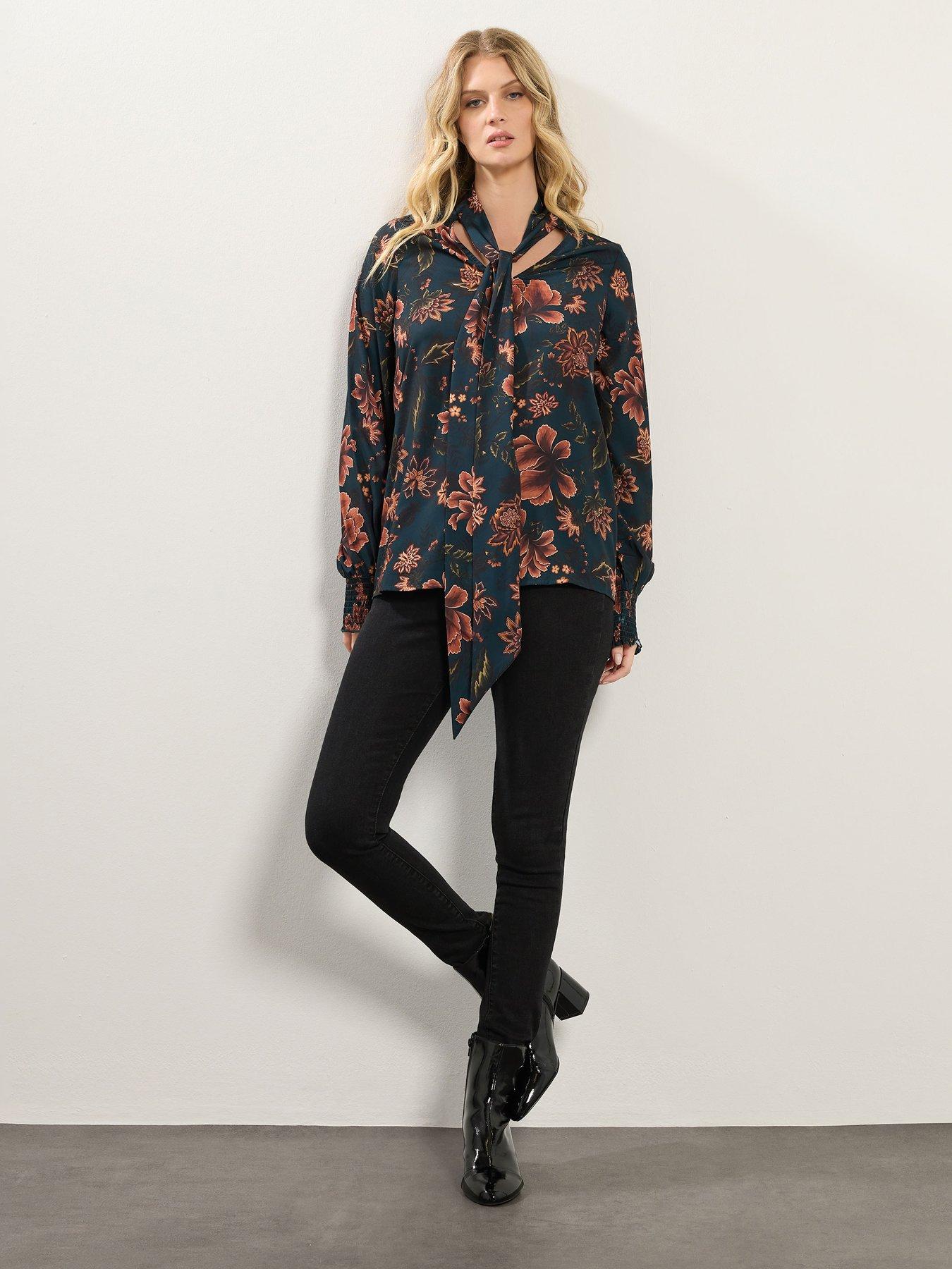  image of long-tall-sally-floral-tie-neck-top-blue