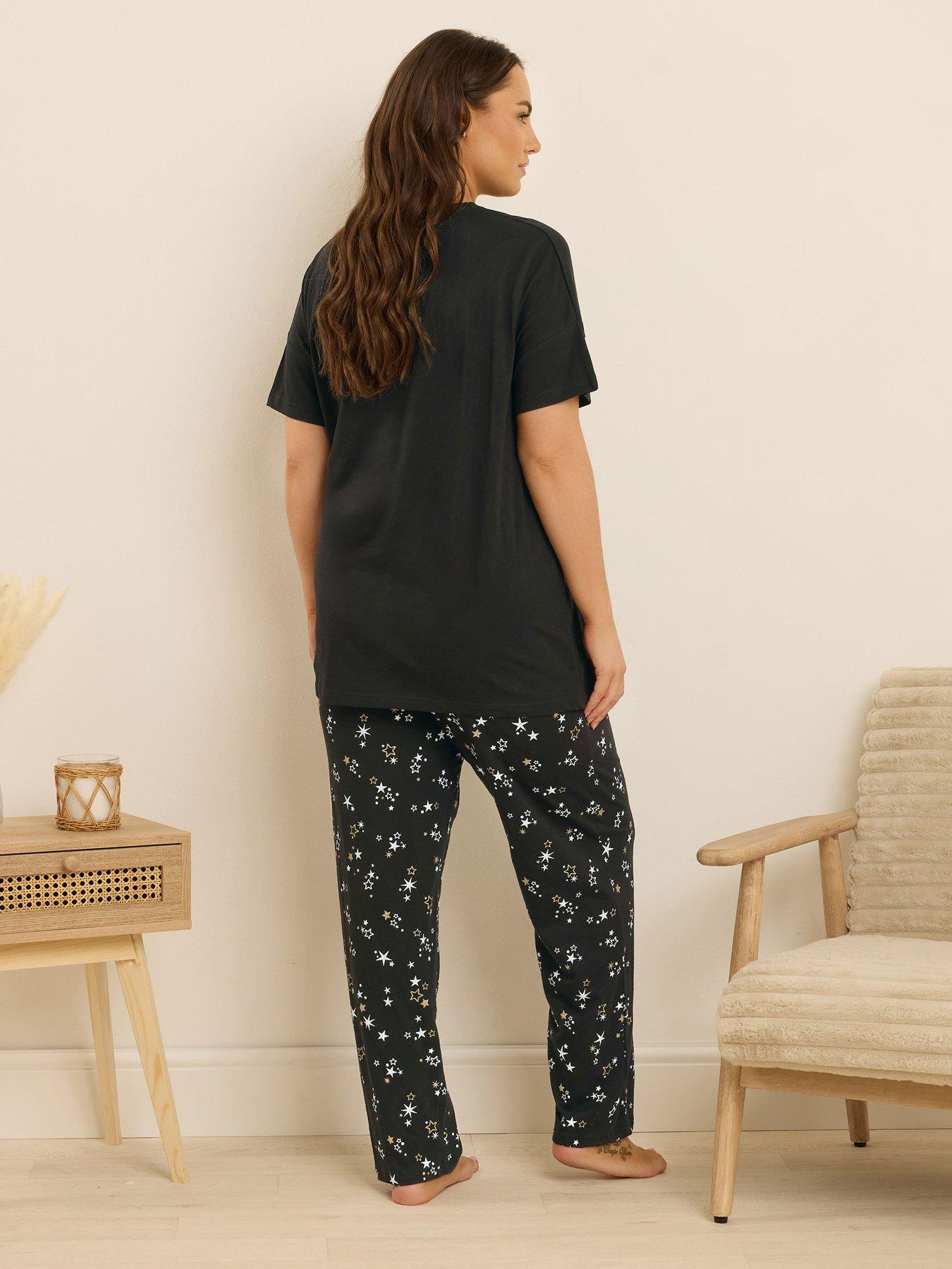 Image 2 of 4 of Yours Curve Starry Night Wide Leg Pj Set - Black
