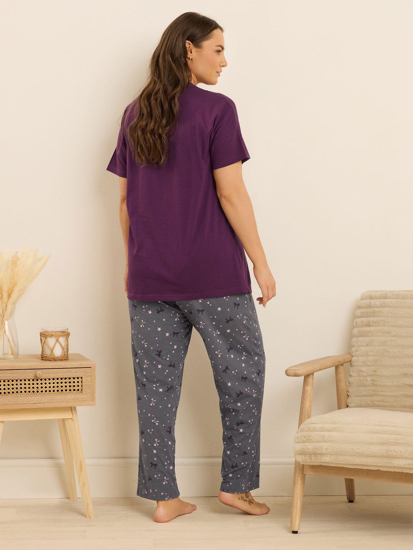 Image 2 of 4 of Yours Curve Bearly Awake Wide Leg Pj Set - Purple