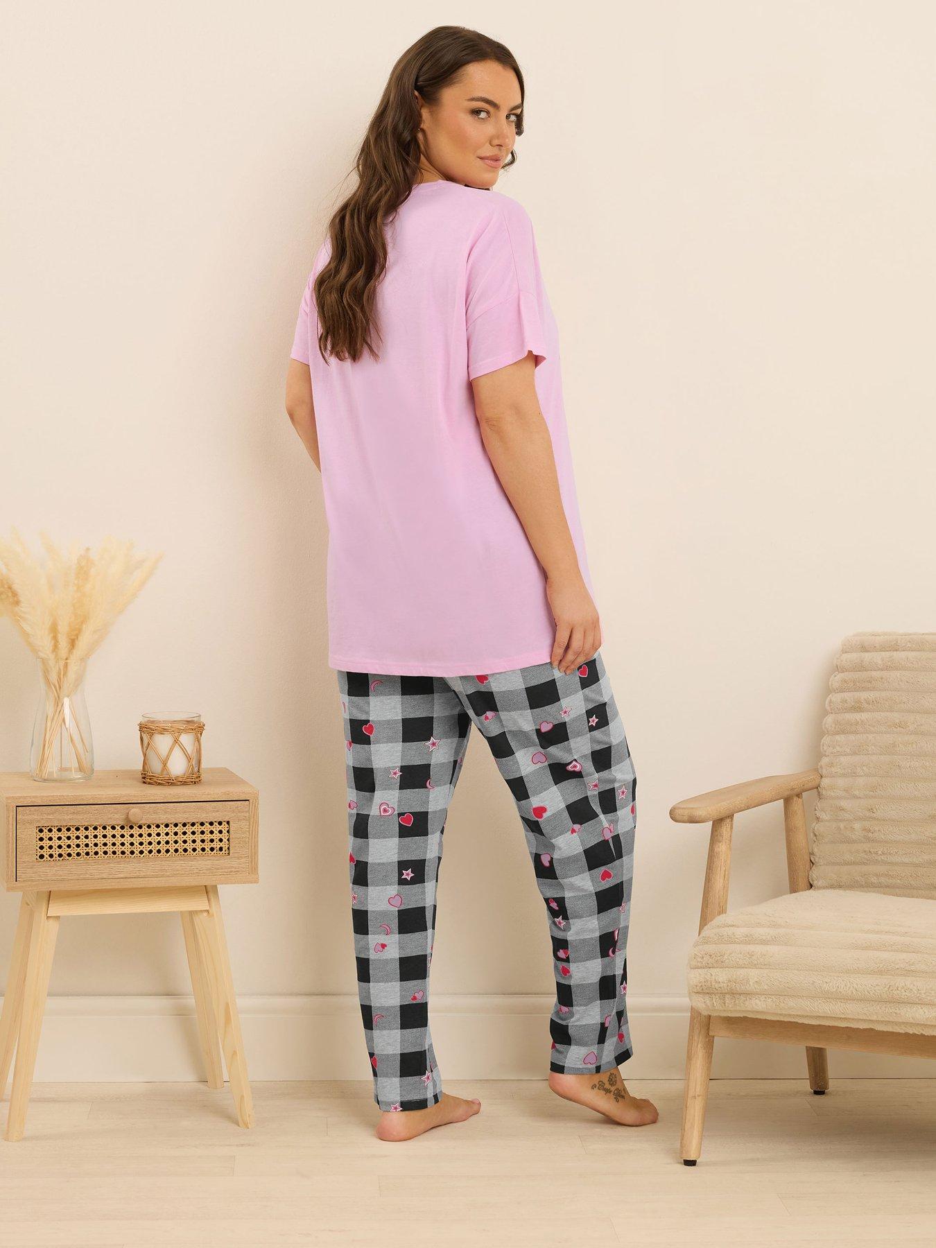 Image 2 of 4 of Yours Curve Gingham Bow Wide Leg Pj Set - Grey