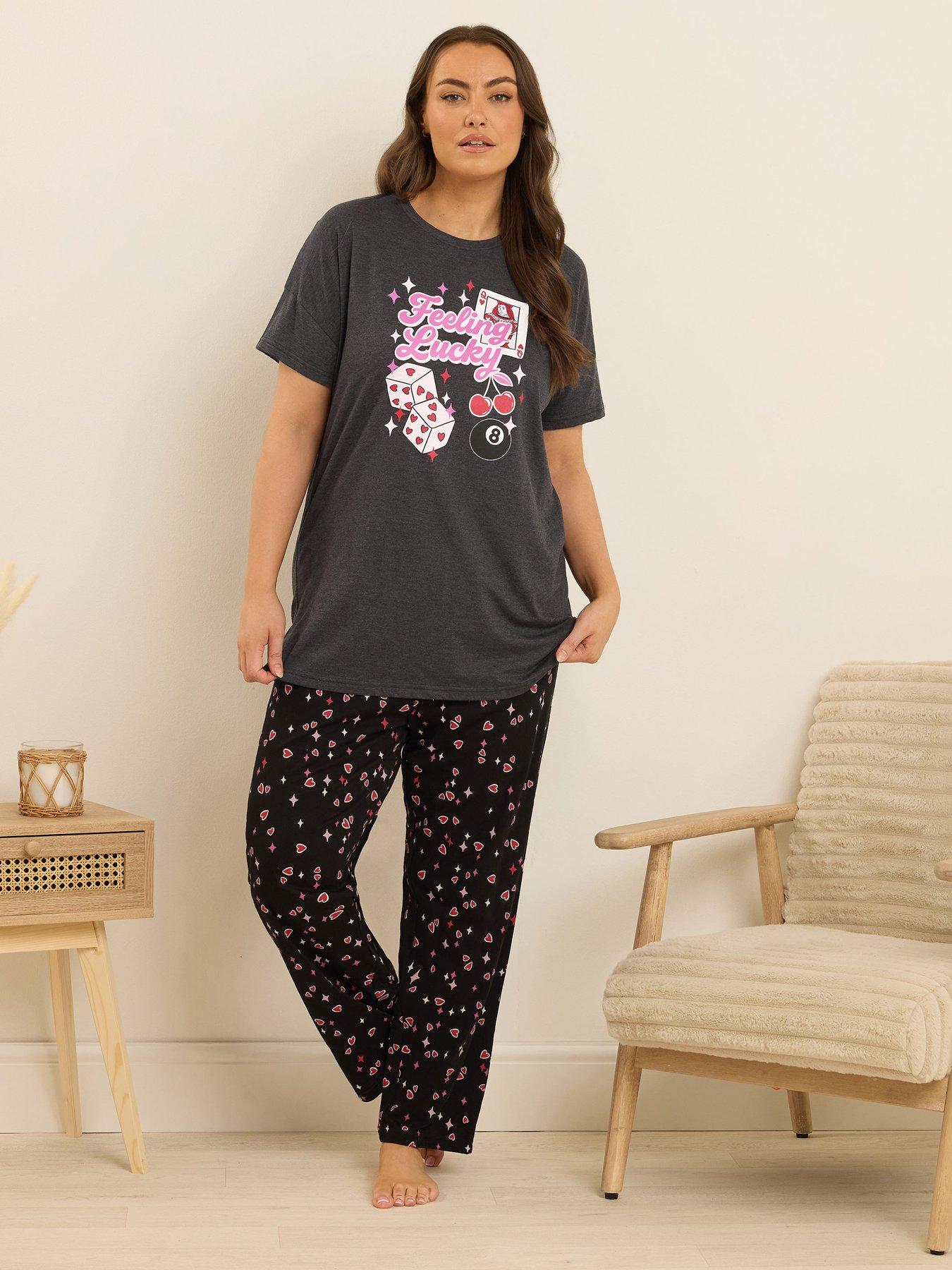 Image 3 of 4 of Yours Curve Feeling Lucky Wide Leg Pj Set - Pink