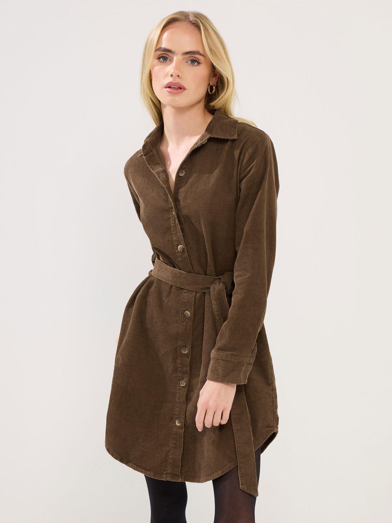 Image 1 of 5 of PixieGirl Petite Cord Shirt Dress - Brown