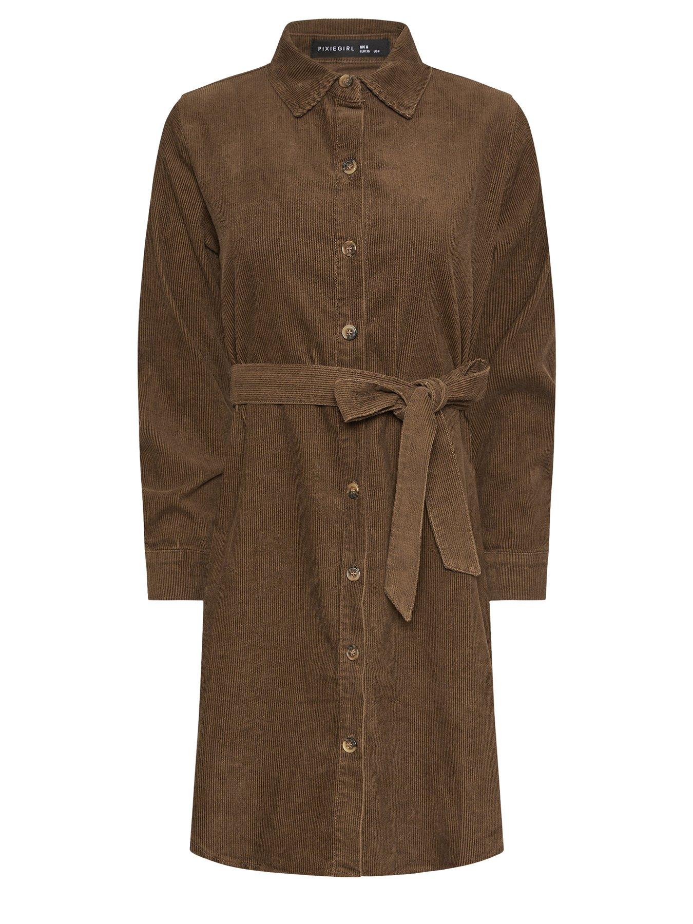 Image 5 of 5 of PixieGirl Petite Cord Shirt Dress - Brown