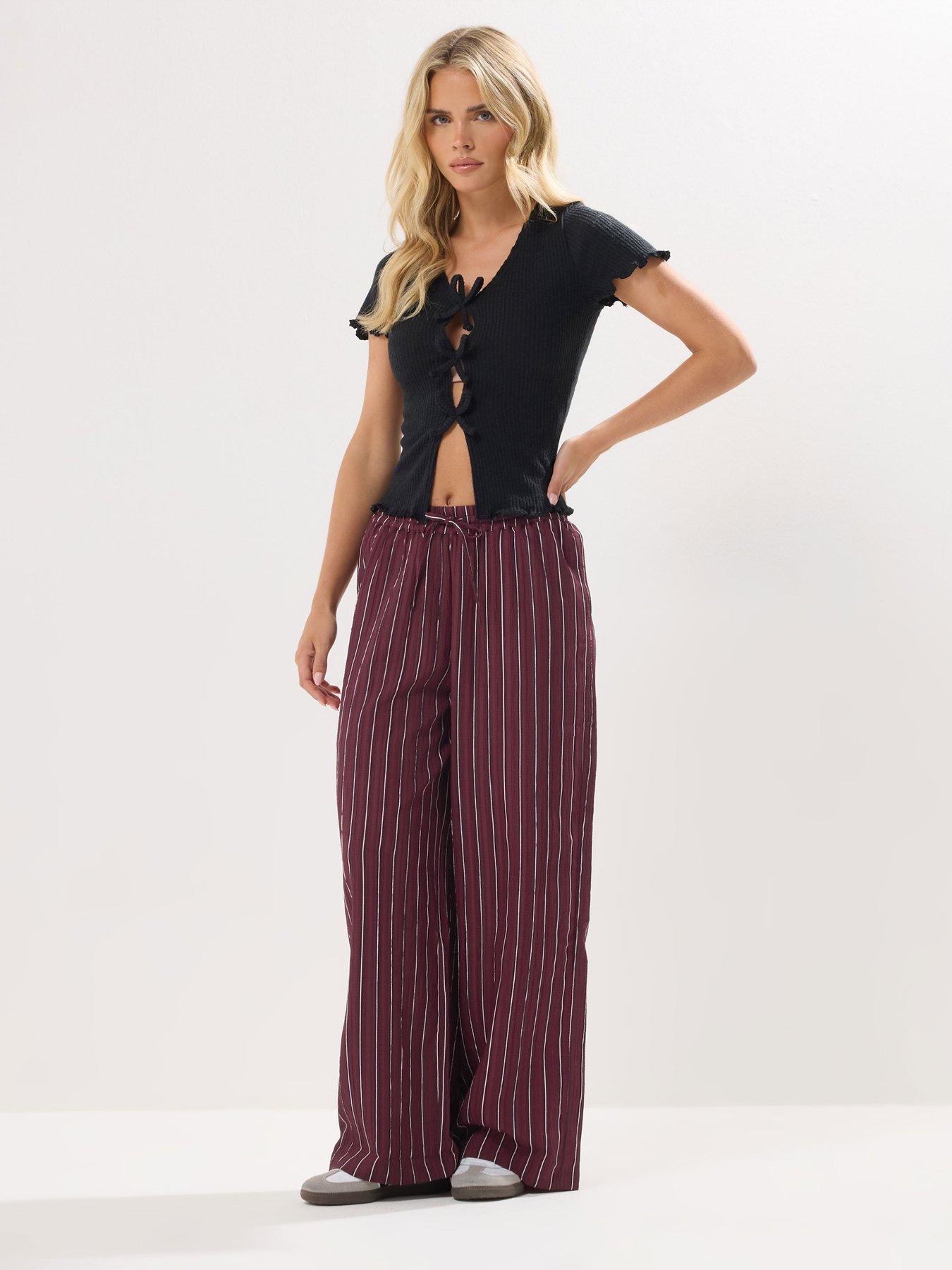Image 3 of 4 of PixieGirl Petite Stripe Wide Leg &nbsp;Trousers - Brown