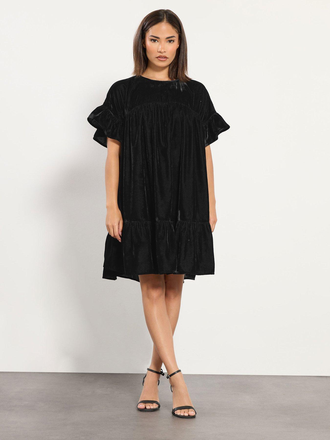 undefined Petite Velvet Frill Smock Dress - Black
