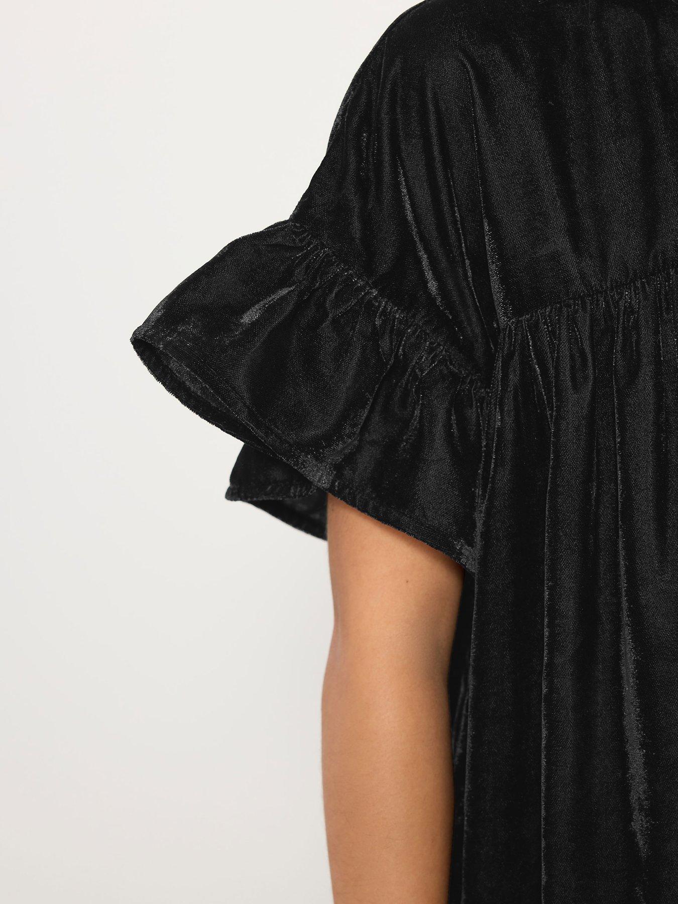 Image 4 of 4 of PixieGirl Petite Velvet Frill Smock Dress - Black