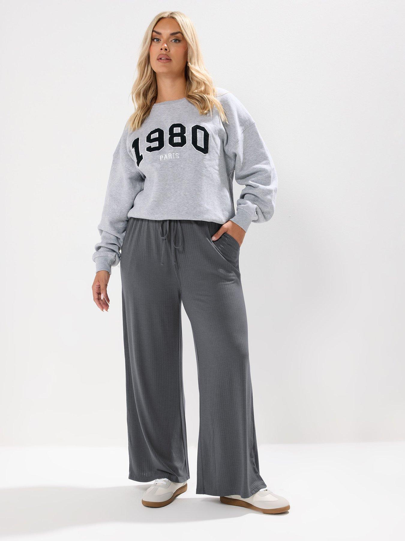 Image 3 of 4 of Yours Curve Wide Leg Ribbed Pull On Trouser - Grey