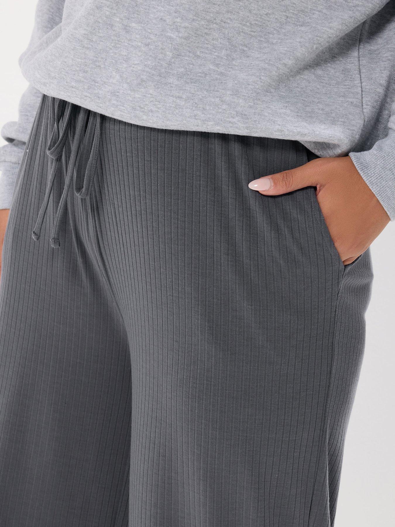 Image 4 of 4 of Yours Curve Wide Leg Ribbed Pull On Trouser - Grey