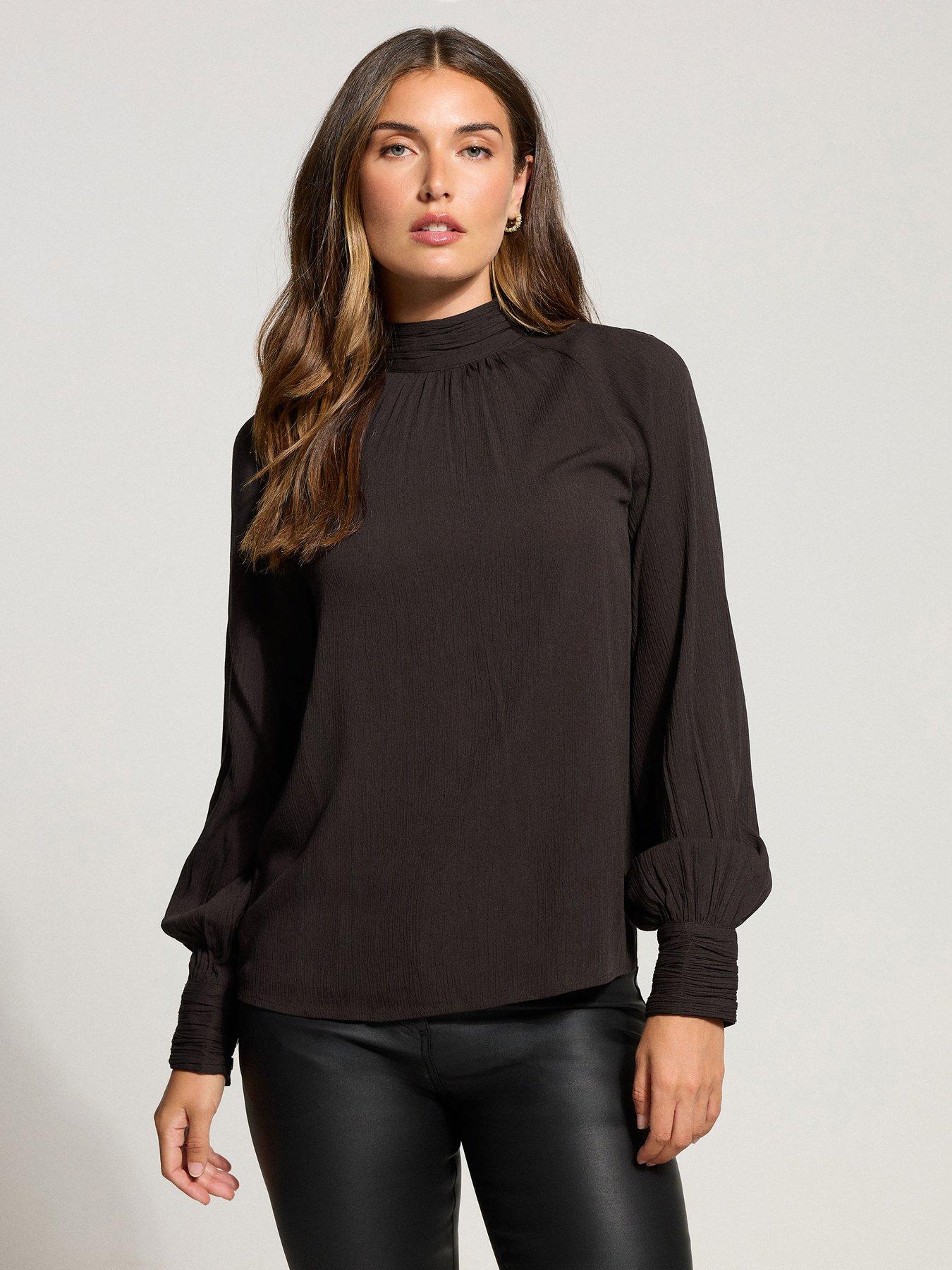 undefined High Neck Crinkle Blouse - Brown