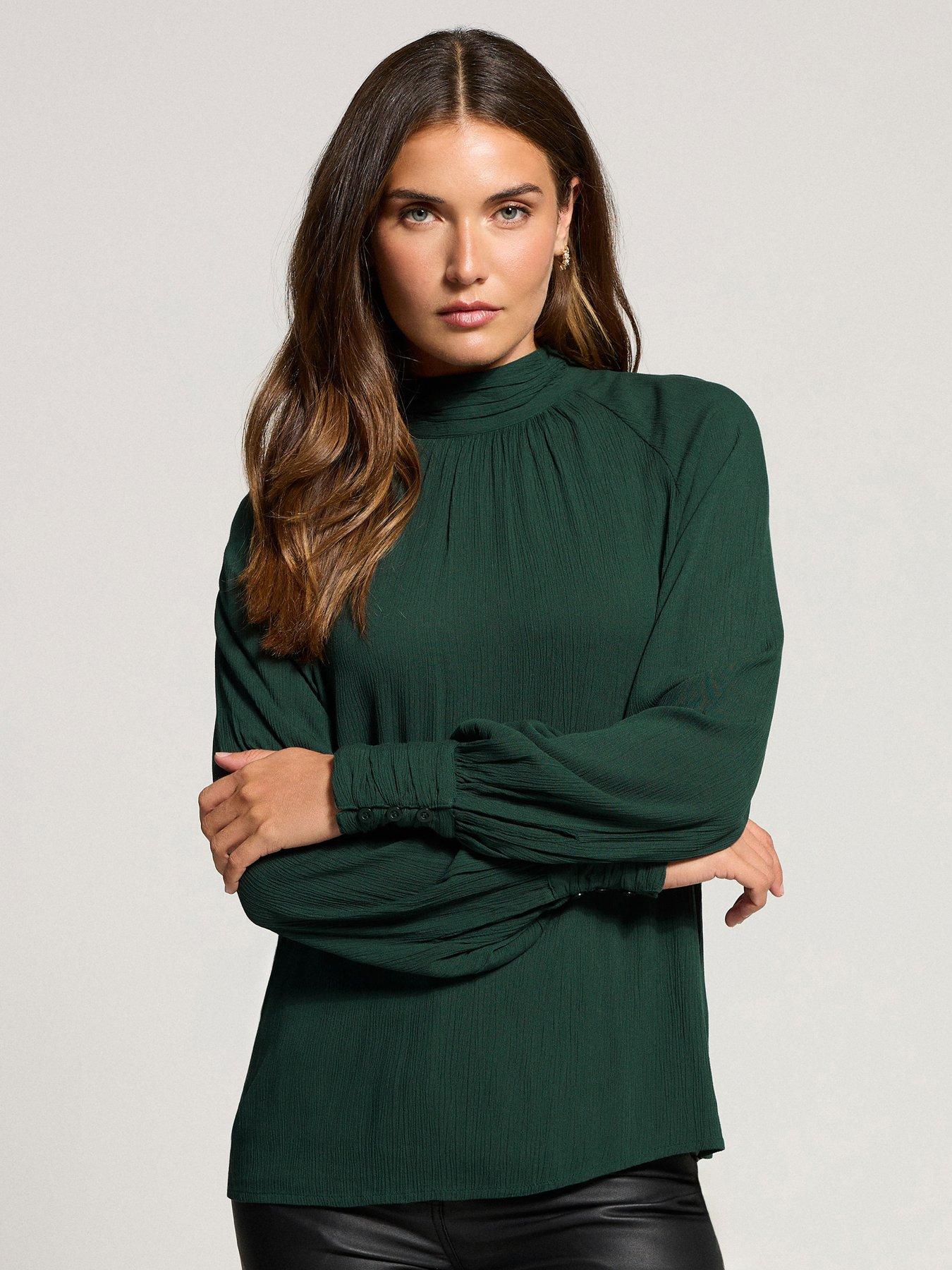 undefined High Neck Crinkle Blouse - Green