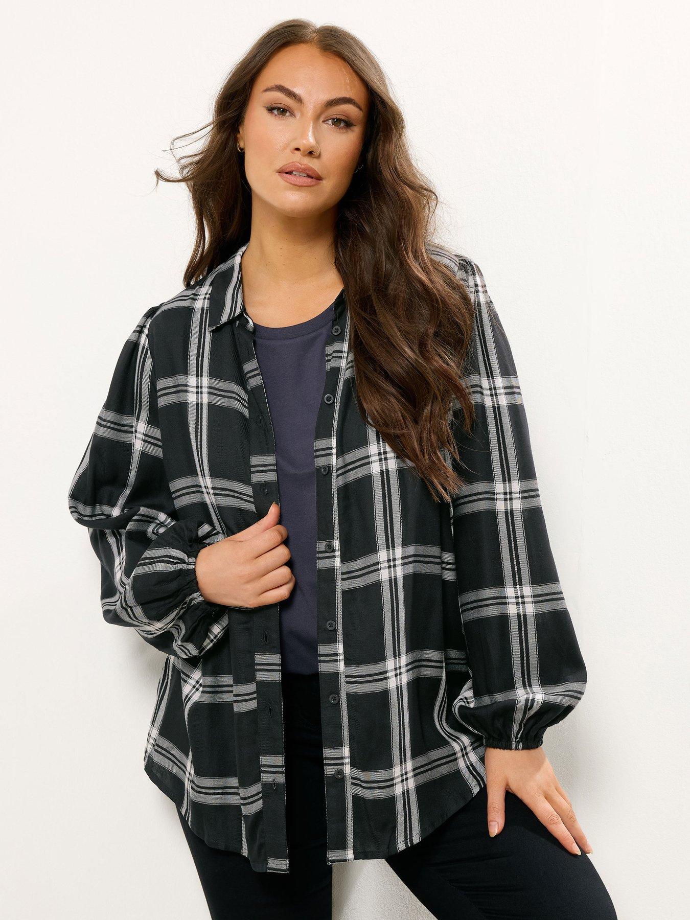 undefined Curve Balloon Sleeve Check Blouse - Black