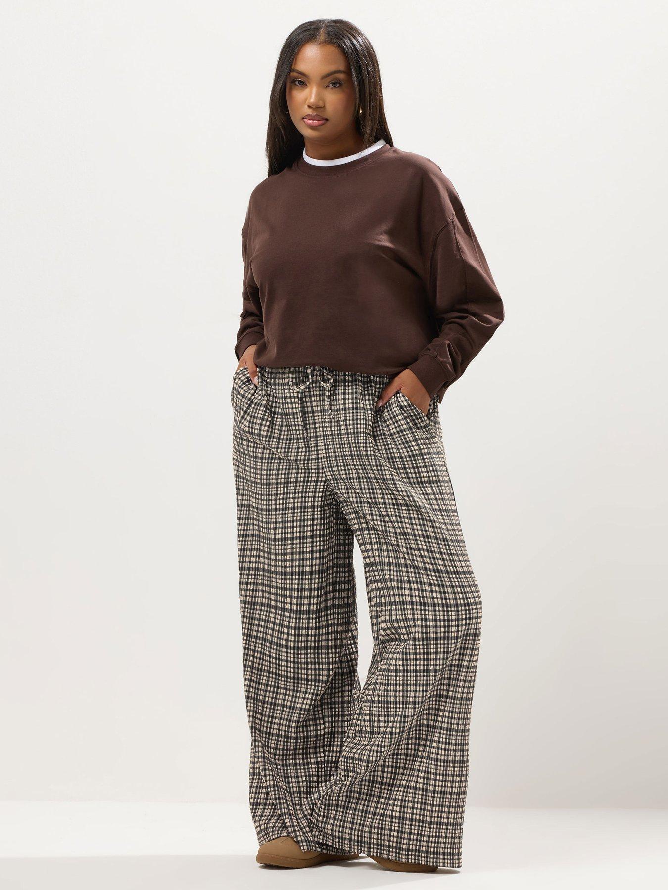 Image 1 of 4 of Yours Curve Check Pull On Wide Leg Trouser - Natural