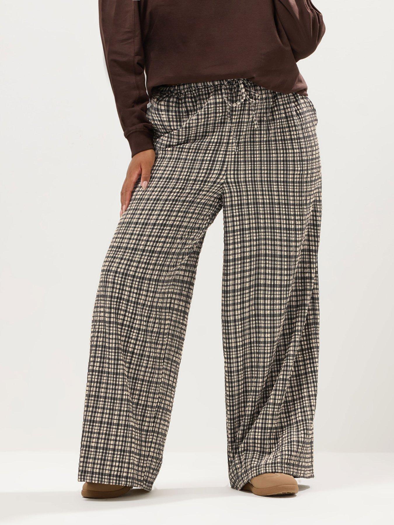 Image 3 of 4 of Yours Curve Check Pull On Wide Leg Trouser - Natural