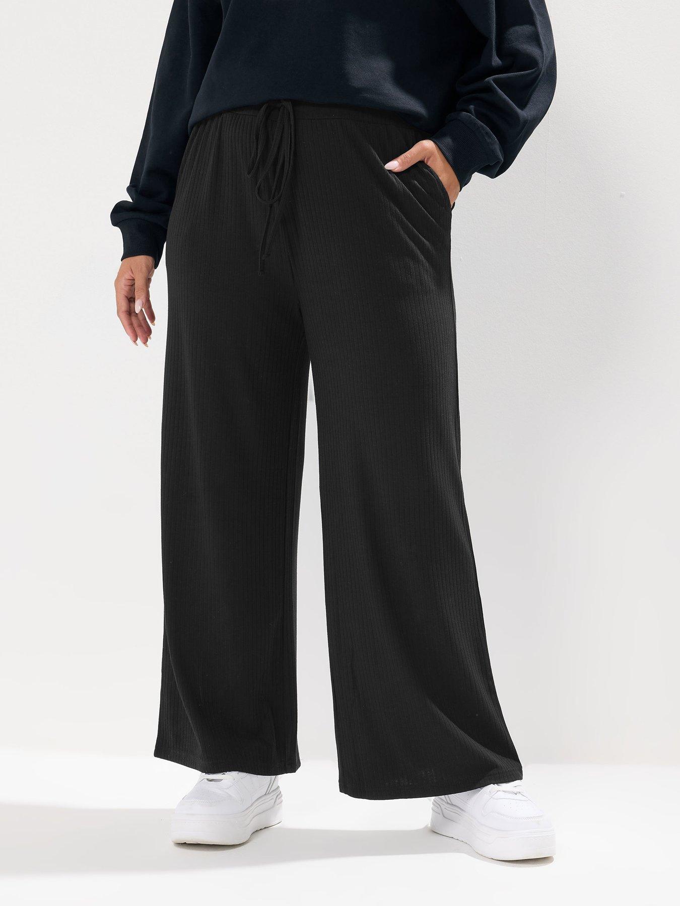 Image 1 of 4 of Yours Curve Wide Leg Ribbed Pull On Trouser - Black