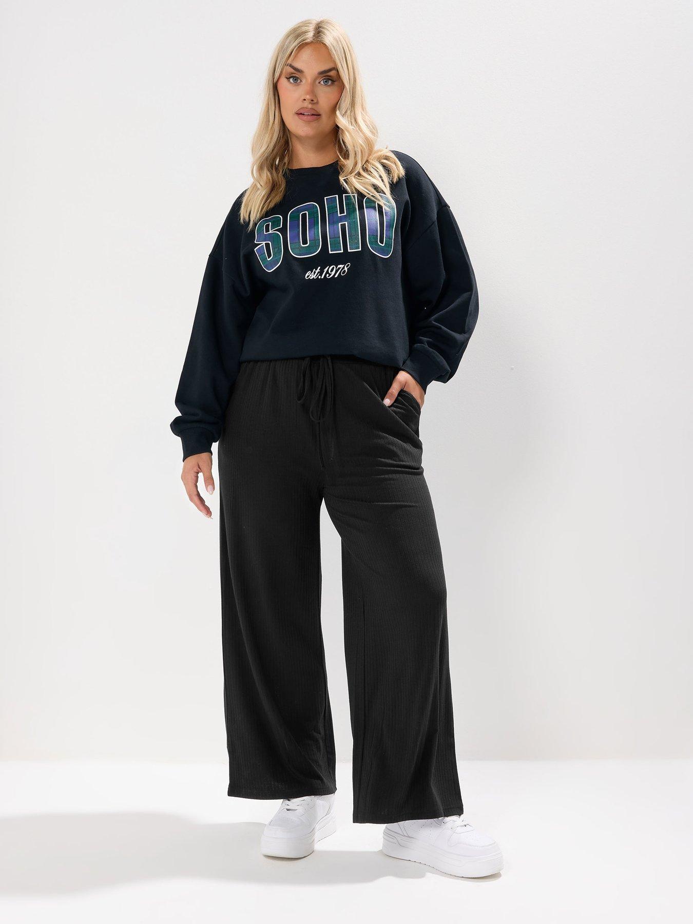 Image 3 of 4 of Yours Curve Wide Leg Ribbed Pull On Trouser - Black