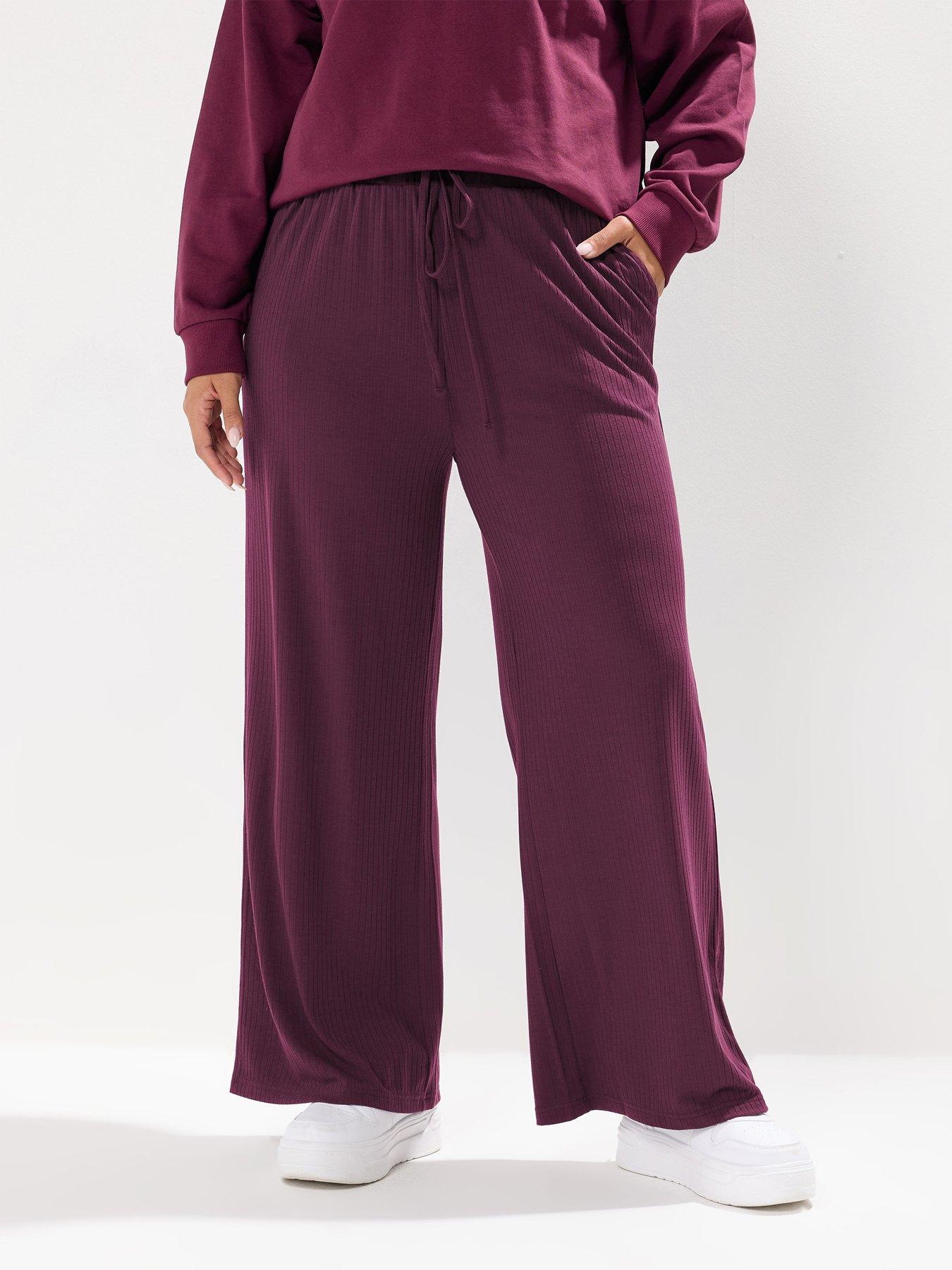 Image 1 of 3 of Yours Curve Wide Leg Ribbed Pull On Trouser - Red