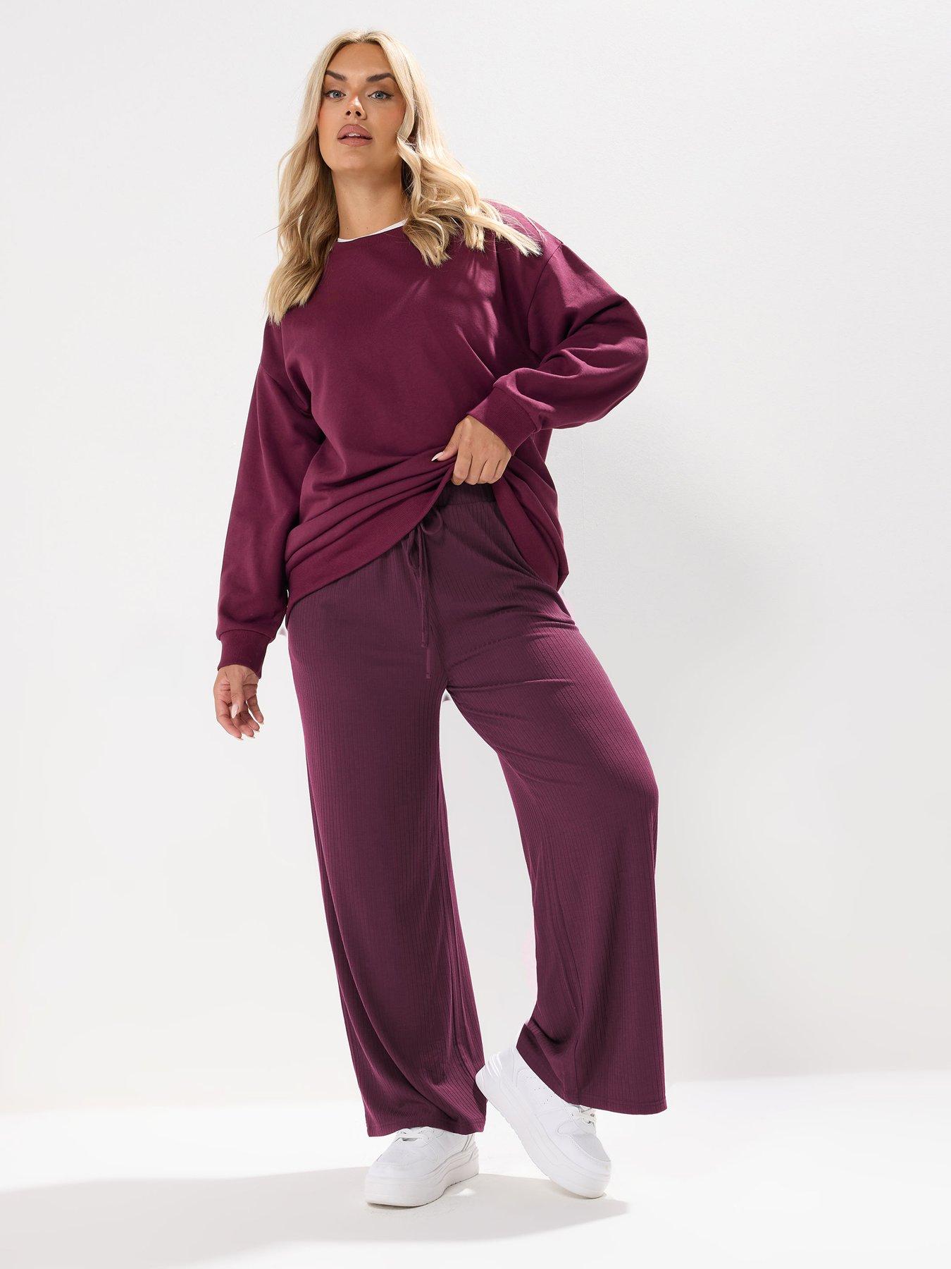 Image 2 of 3 of Yours Curve Wide Leg Ribbed Pull On Trouser - Red