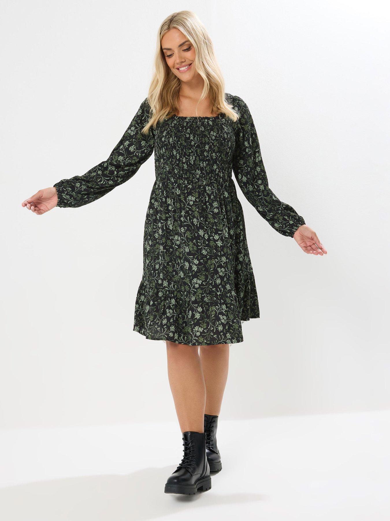 Image 1 of 4 of Yours Curve Shirred Mini Dress - Green