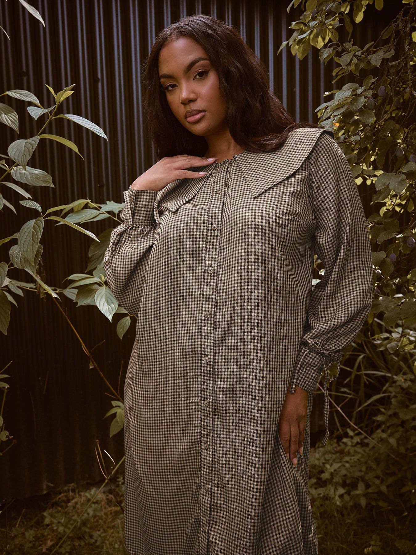 Image 1 of 4 of Yours Curve Check Collar Smock Mini Dress - Natural