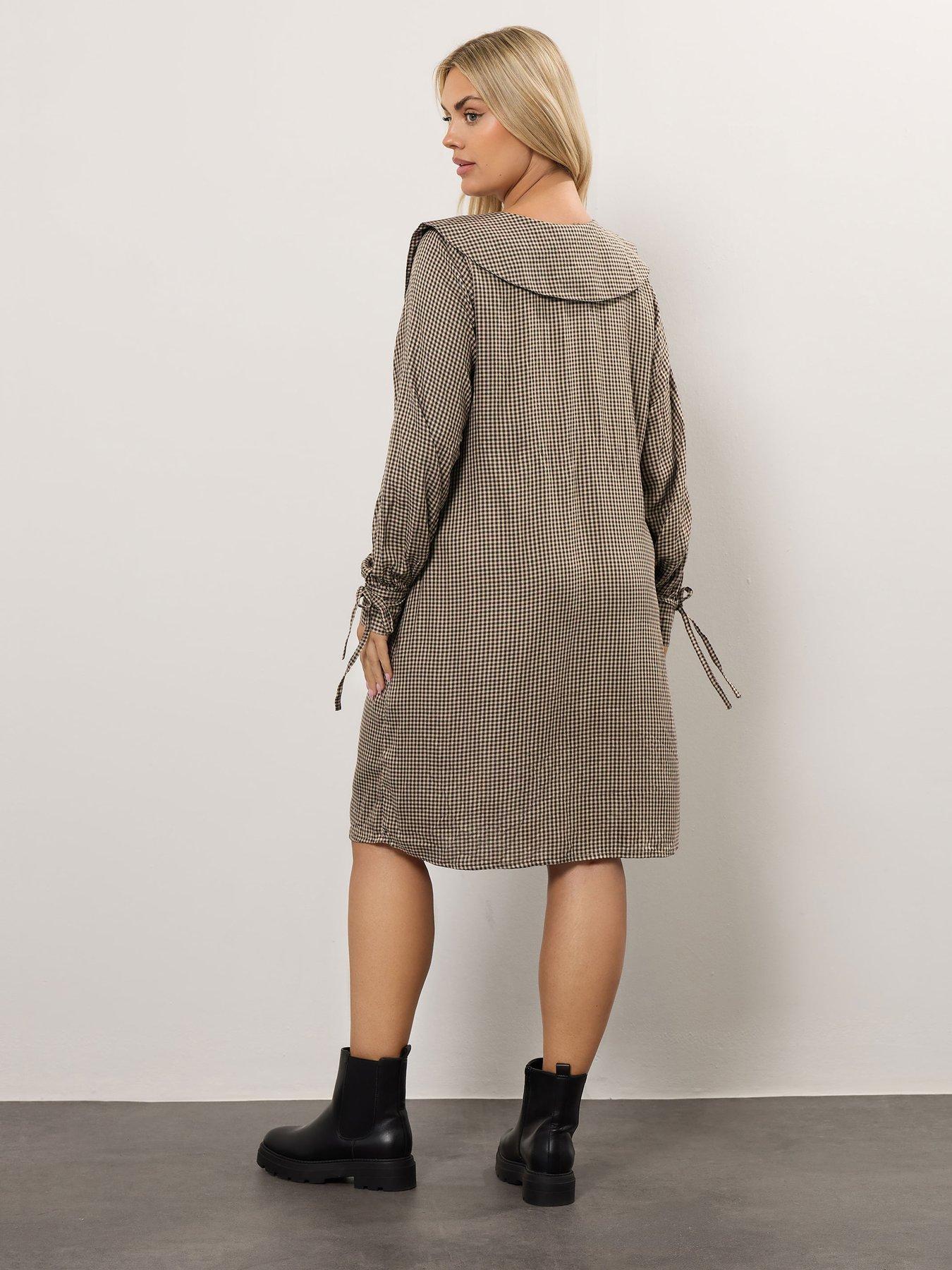 Image 2 of 4 of Yours Curve Check Collar Smock Mini Dress - Natural