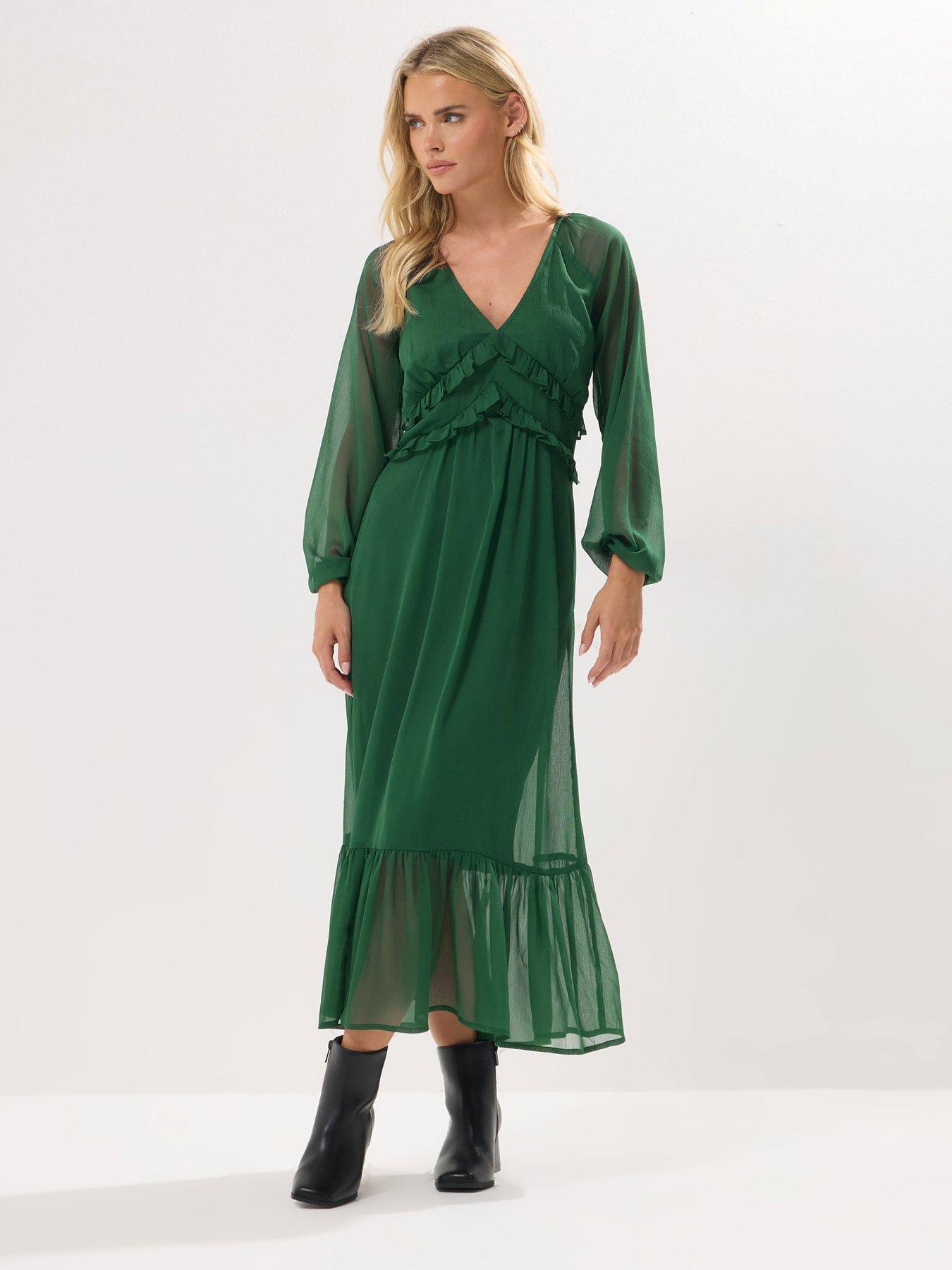 PixieGirl Petite Chiffon Frill Midaxi Dress - Green