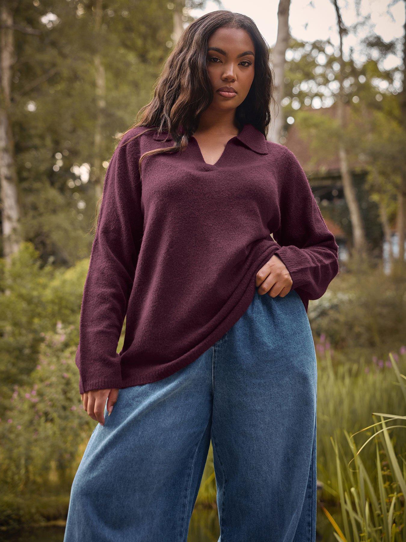 undefined Curve Collar V Neck Jumper - Purple