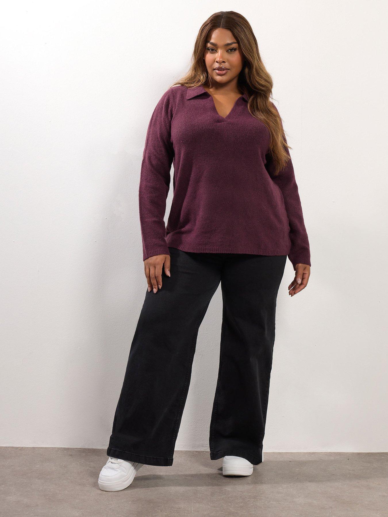 Image 3 of 4 of Yours Curve Collar V Neck Jumper - Purple