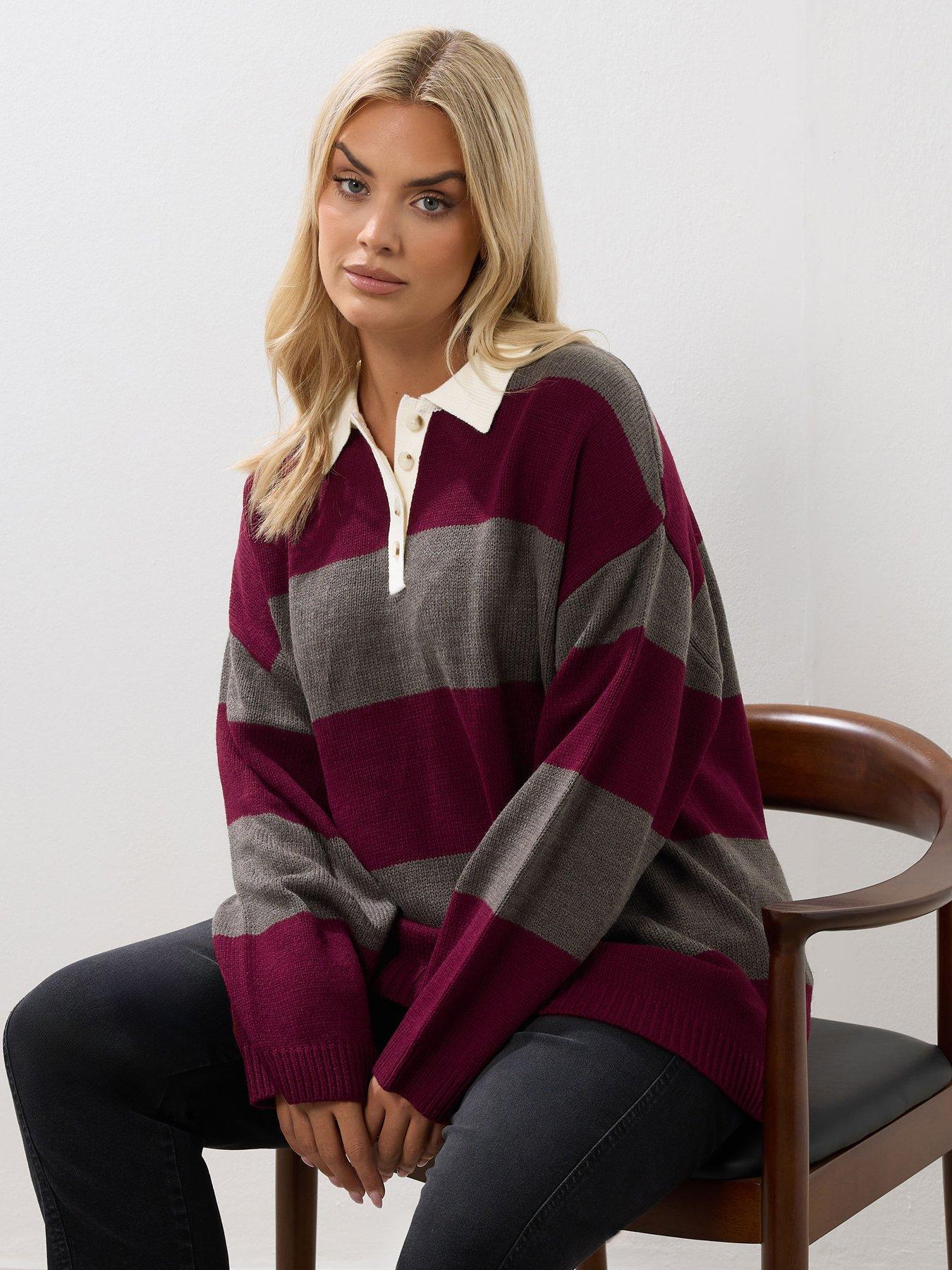 Image 1 of 4 of Yours Curve Rugby Collar Stripe Jumper - Red