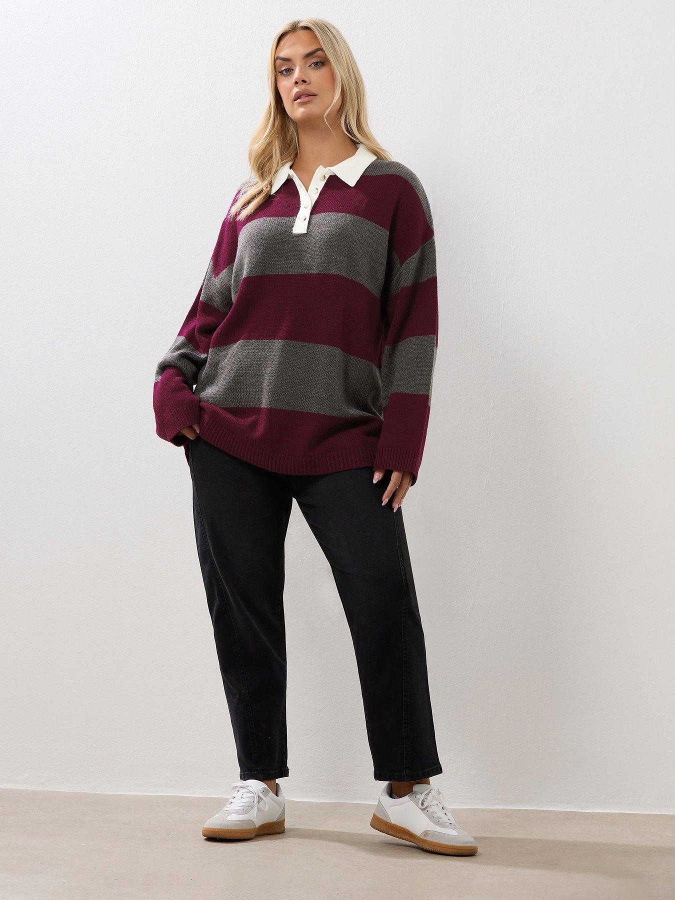 Image 3 of 4 of Yours Curve Rugby Collar Stripe Jumper - Red