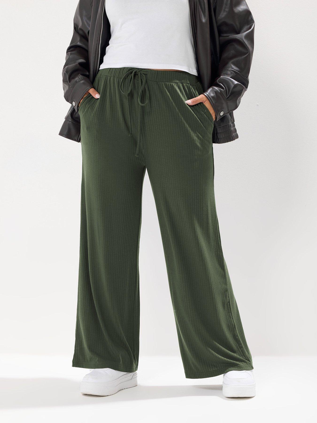 Image 1 of 4 of Yours Curve Wide Leg Ribbed Pull On Trouser - Green
